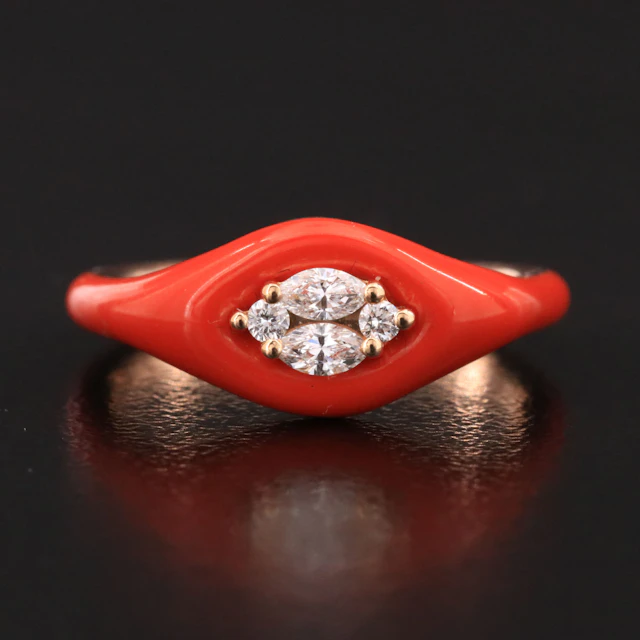18K Rose Gold Orange Enamel and Diamond Ring