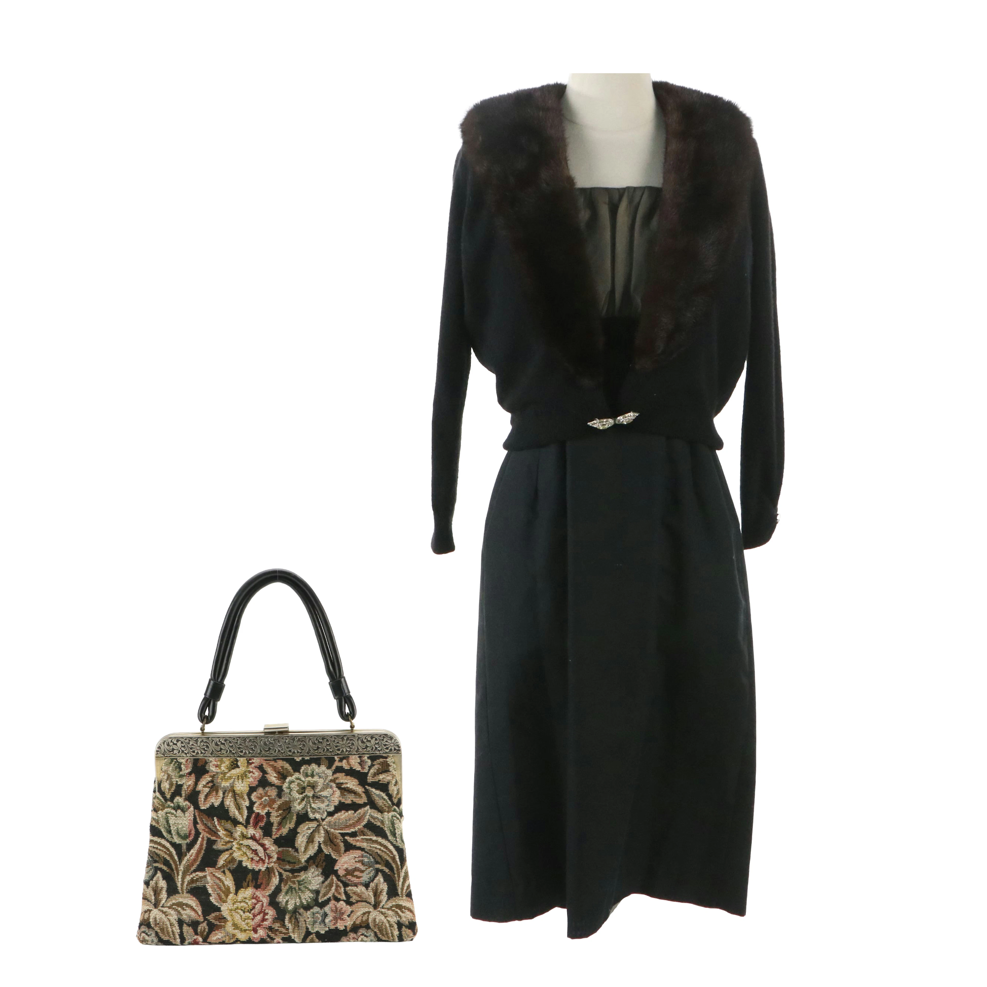 Empire Waist Cocktail Dress, Cashmere/Mink Fur Sweater, Tapestry Purse, Vintage