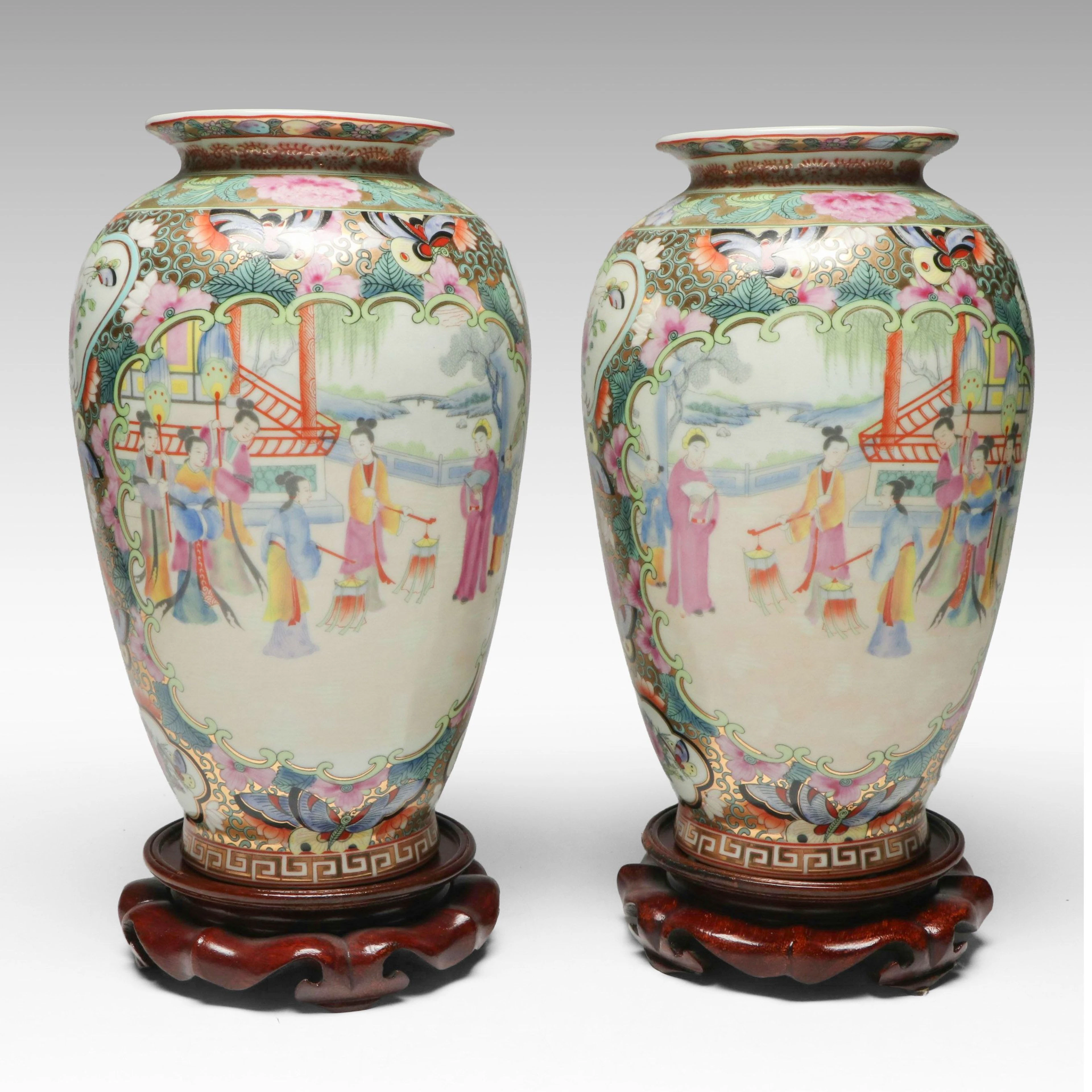 Chinese Famille Rose Porcelain Vase Pair with Carved Wood Stands
