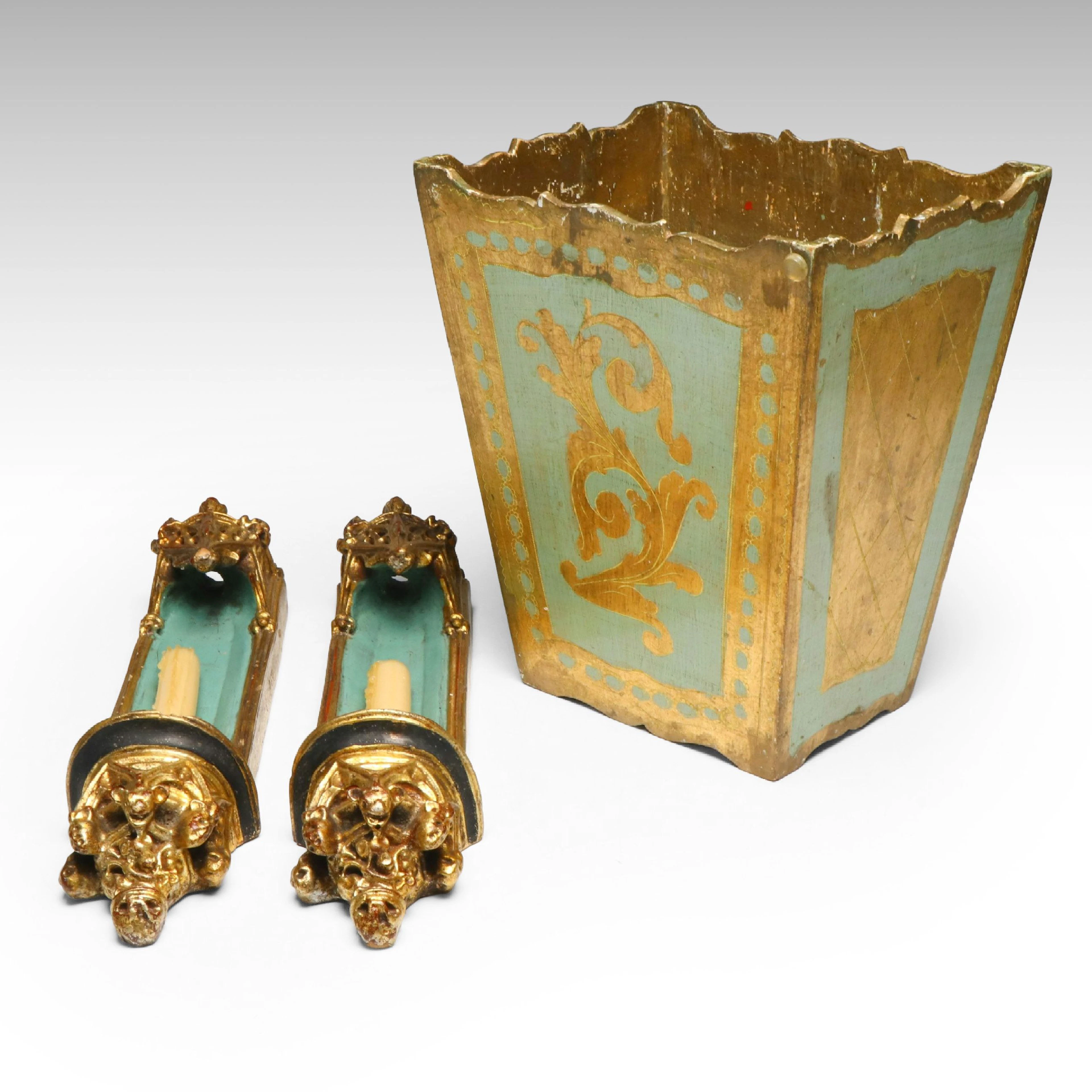 Gothic Revival Style Gilt Plaster Candle Sconces with Florentia Wastebasket