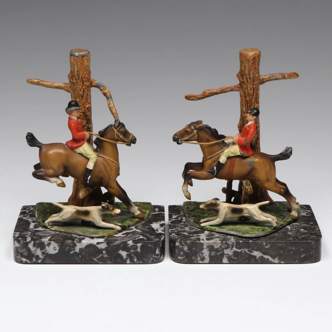 Austrian Cold-Painted Spelter and Marble Fox Hunt Bookends, Early 20th Century