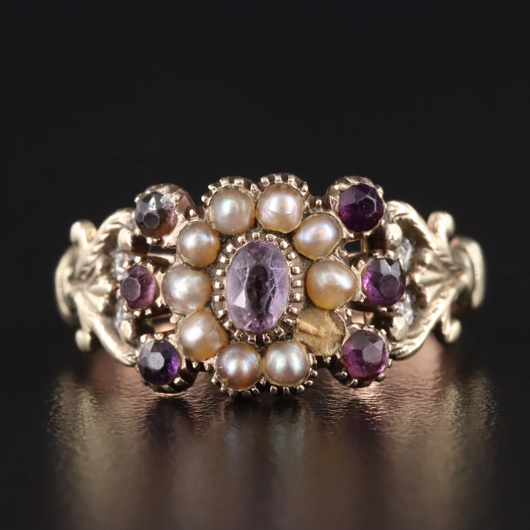 Victorian Amethyst and Seed Pearl Flower Ring