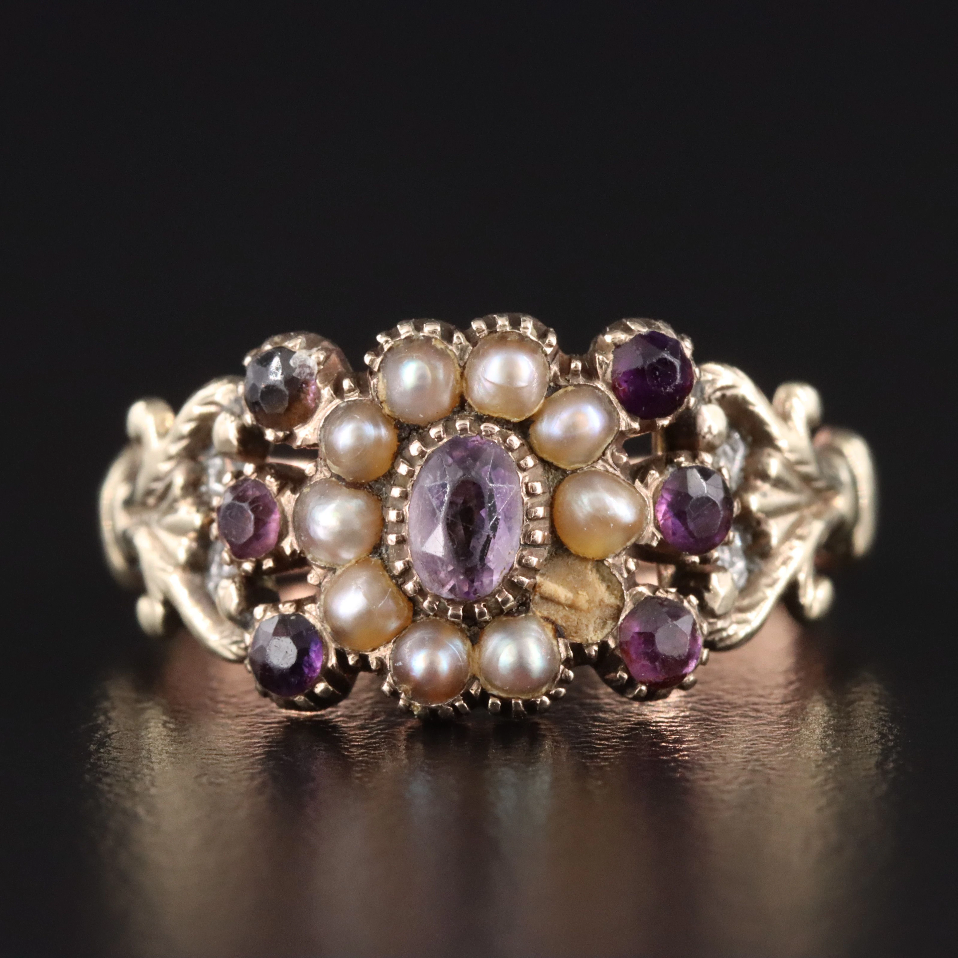 Victorian Amethyst and Seed Pearl Flower Ring
