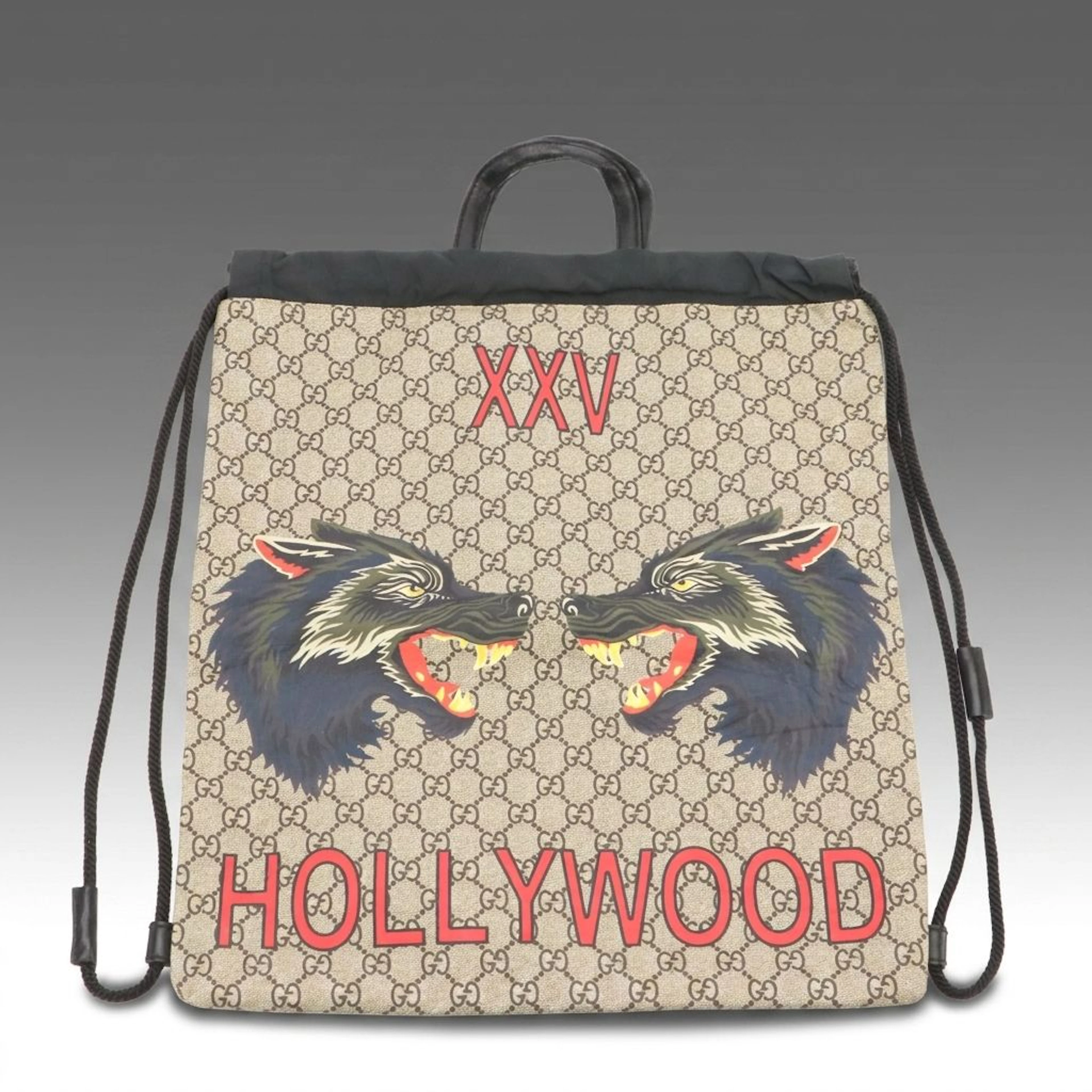 Gucci Wolf XXV Hollywood Supreme Canvas and Leather Drawstring Backpack