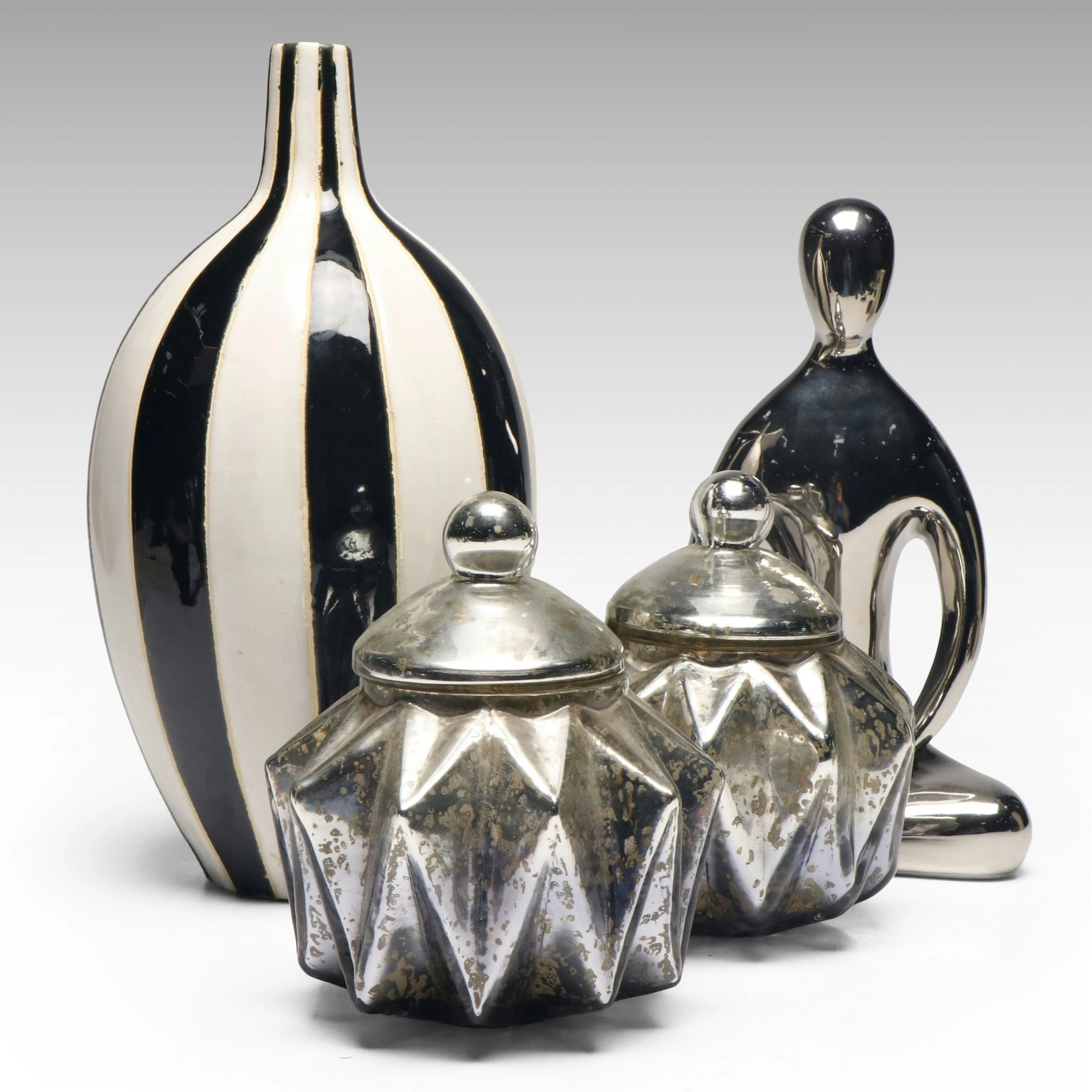 Chrome Finish Ceramic Figurine and Glass Jars with Vase