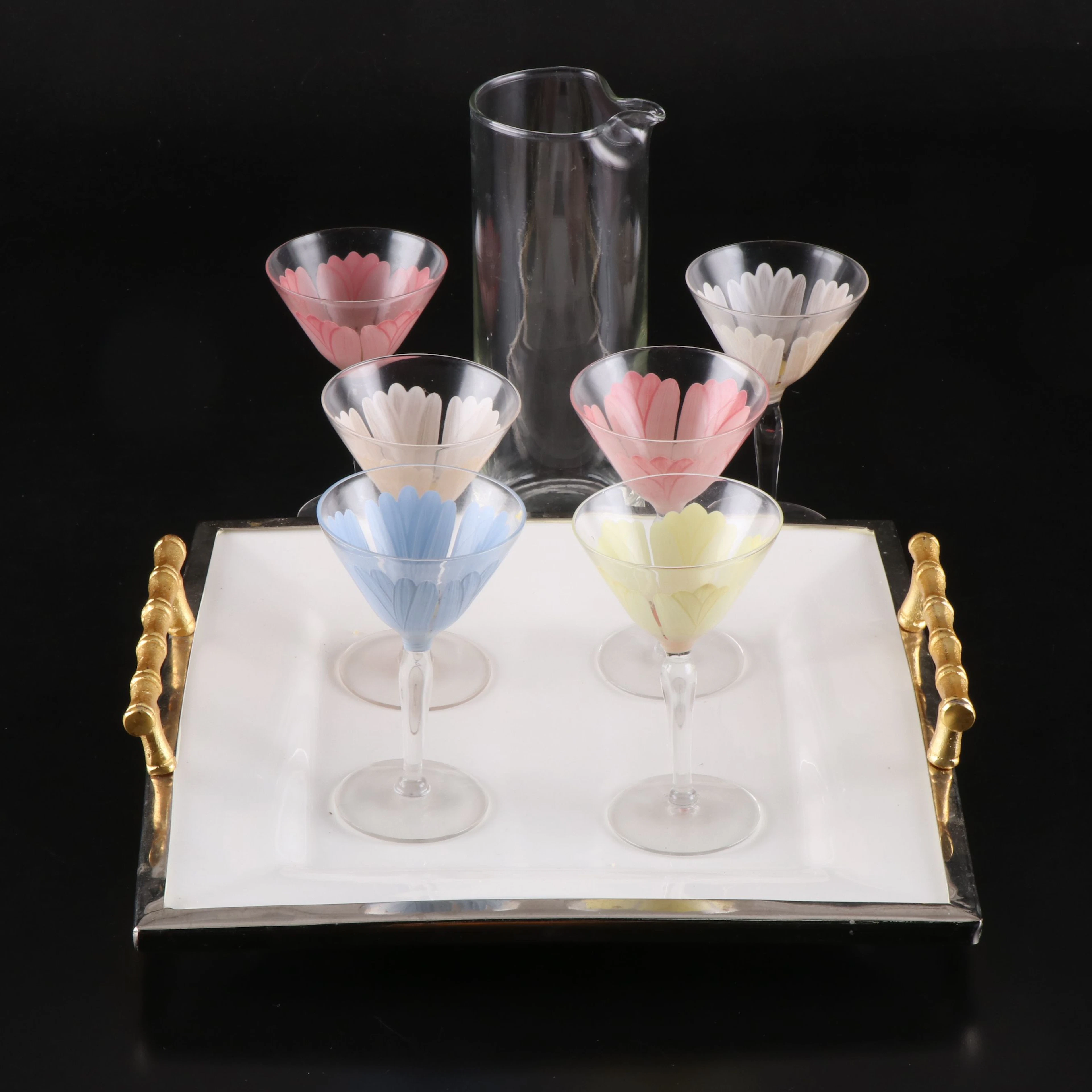 Metal Trimmed Porcelain Tray with Hand-Painted Martini Glasses and Carafe