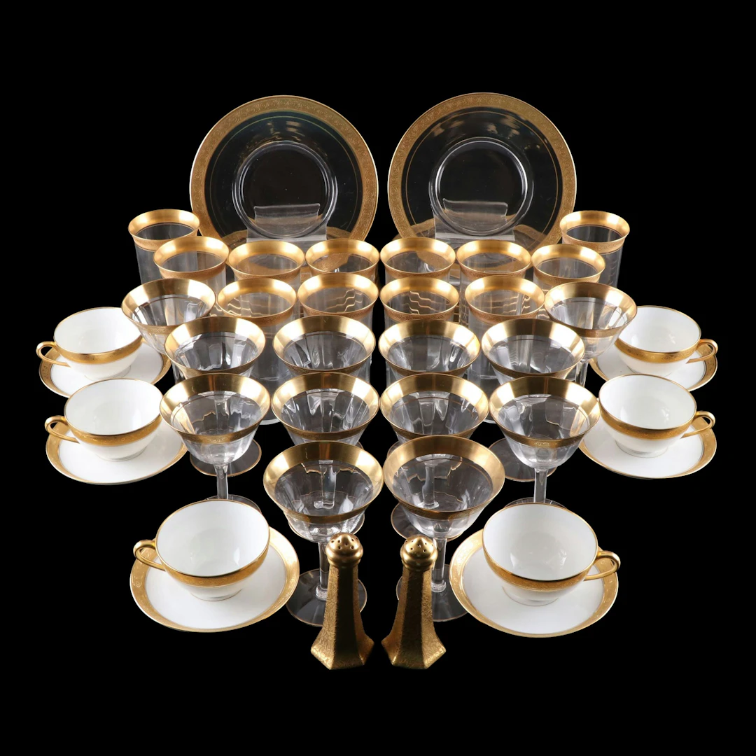 Tiffin-Franciscan and Other Gold Encrusted Glass and Porcelain Dinnerware