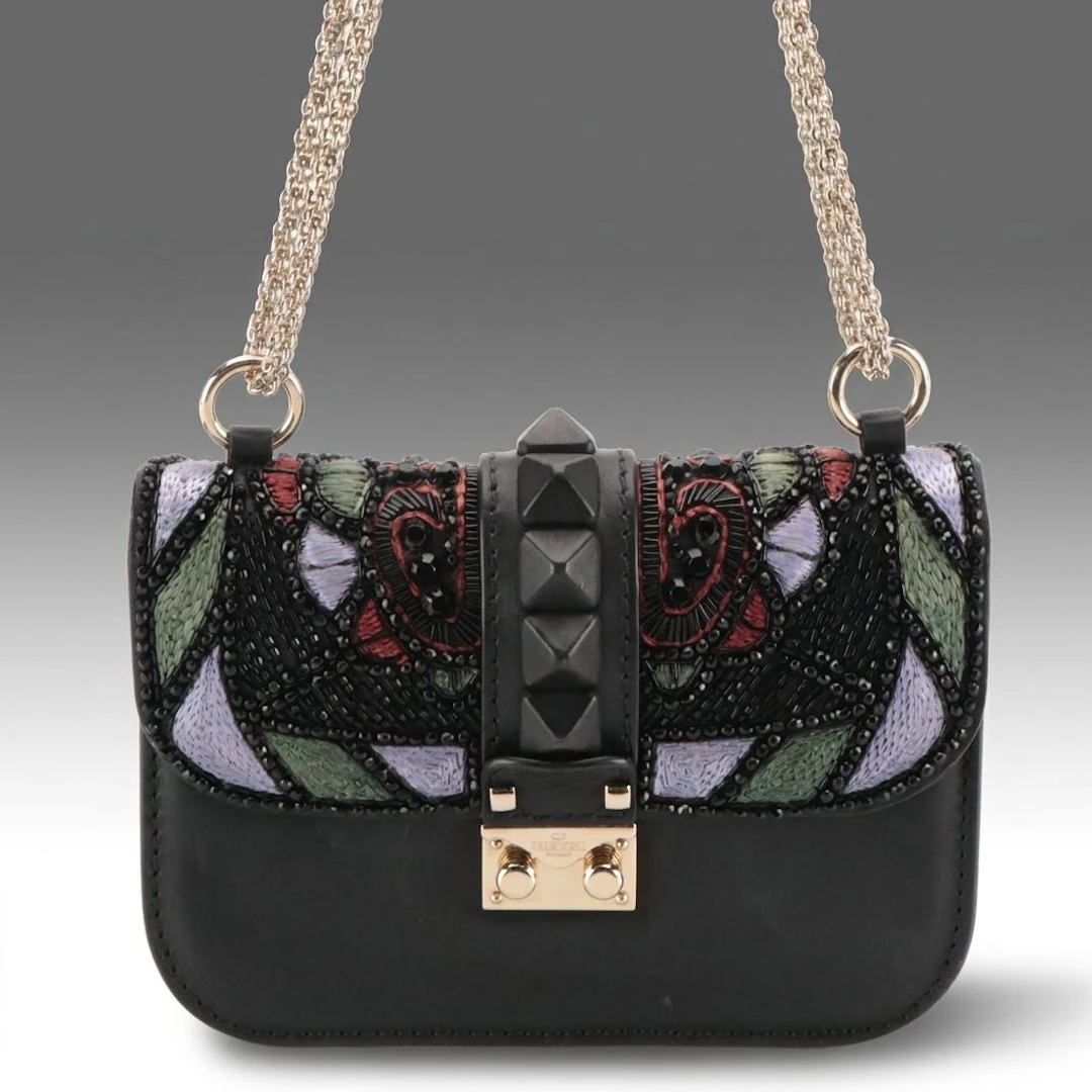 Valentino Rockstud Beaded Embroidered Small Glam Lock Bag