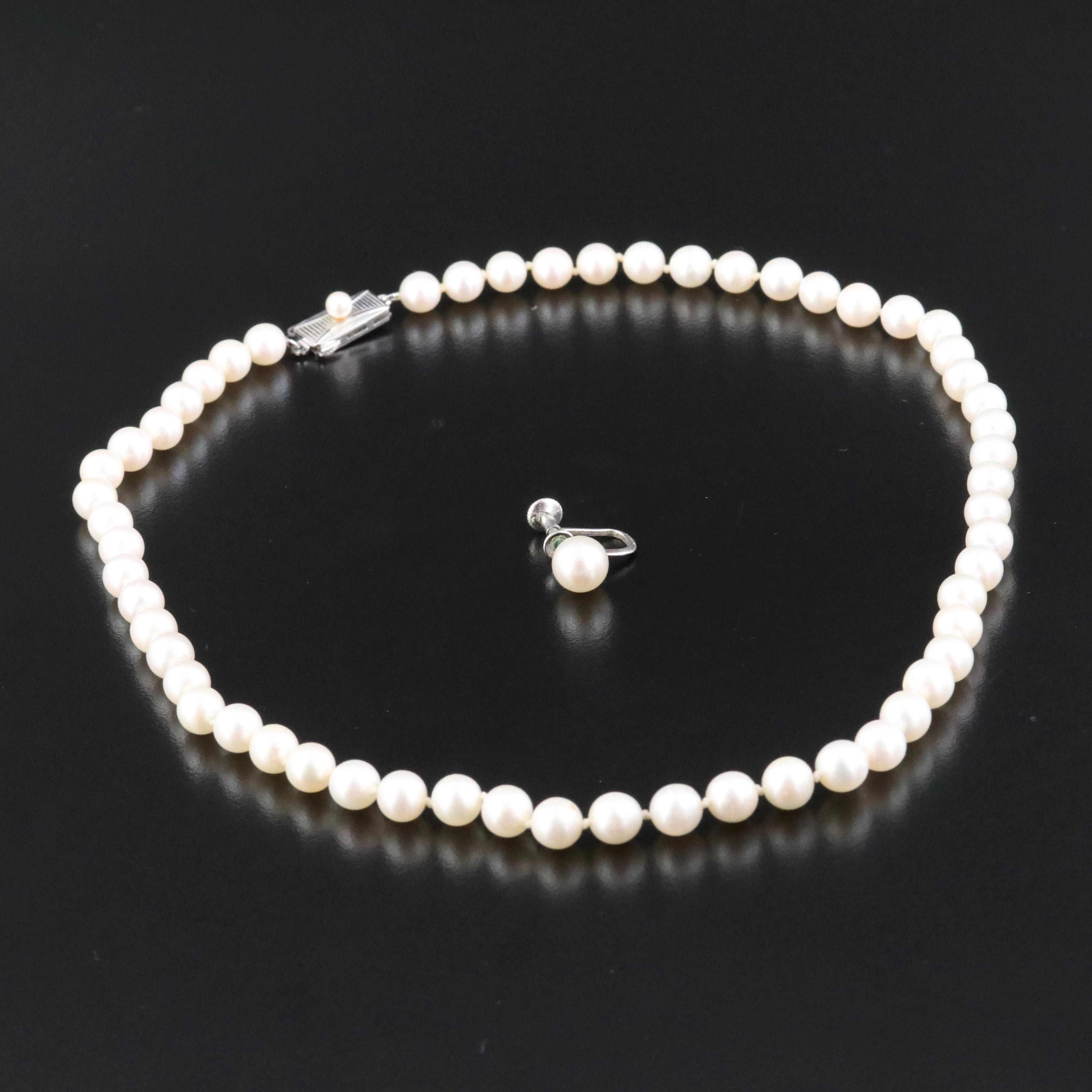 Mikimoto Princess Length Necklace with Sterling Clasp and Single Earring