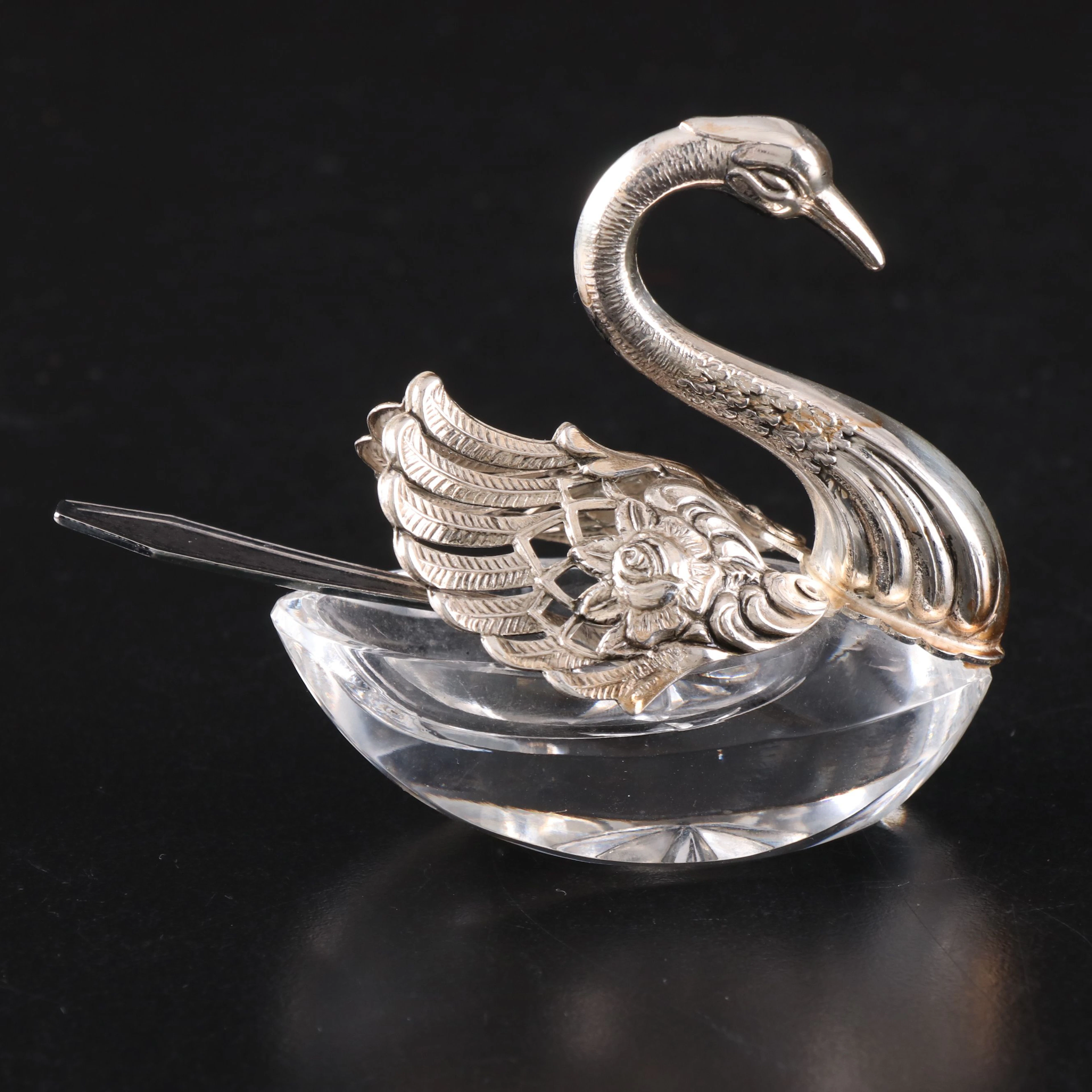 Swan Shaped Sterling Silver and Crystal Salt Cellar with Silver Plate