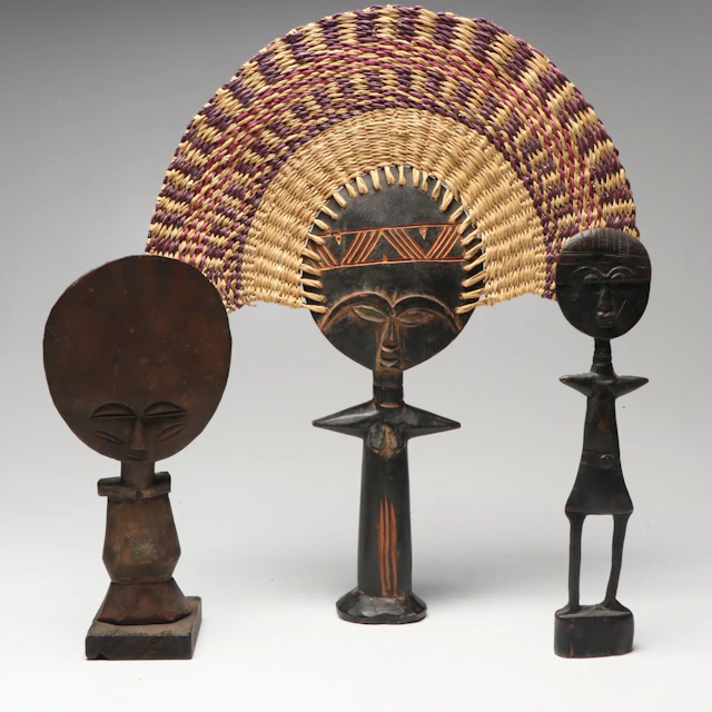 West African Carved Wood Fertility Figures with Grass Accents