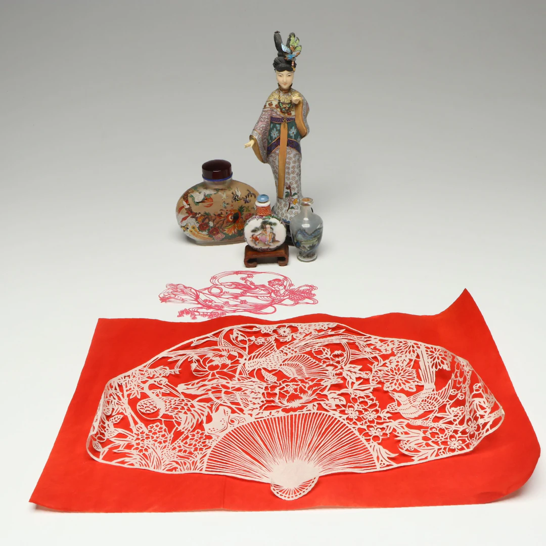 Chinese Cloisonné and Resin Figurine with Snuff Bottles and Other Decor