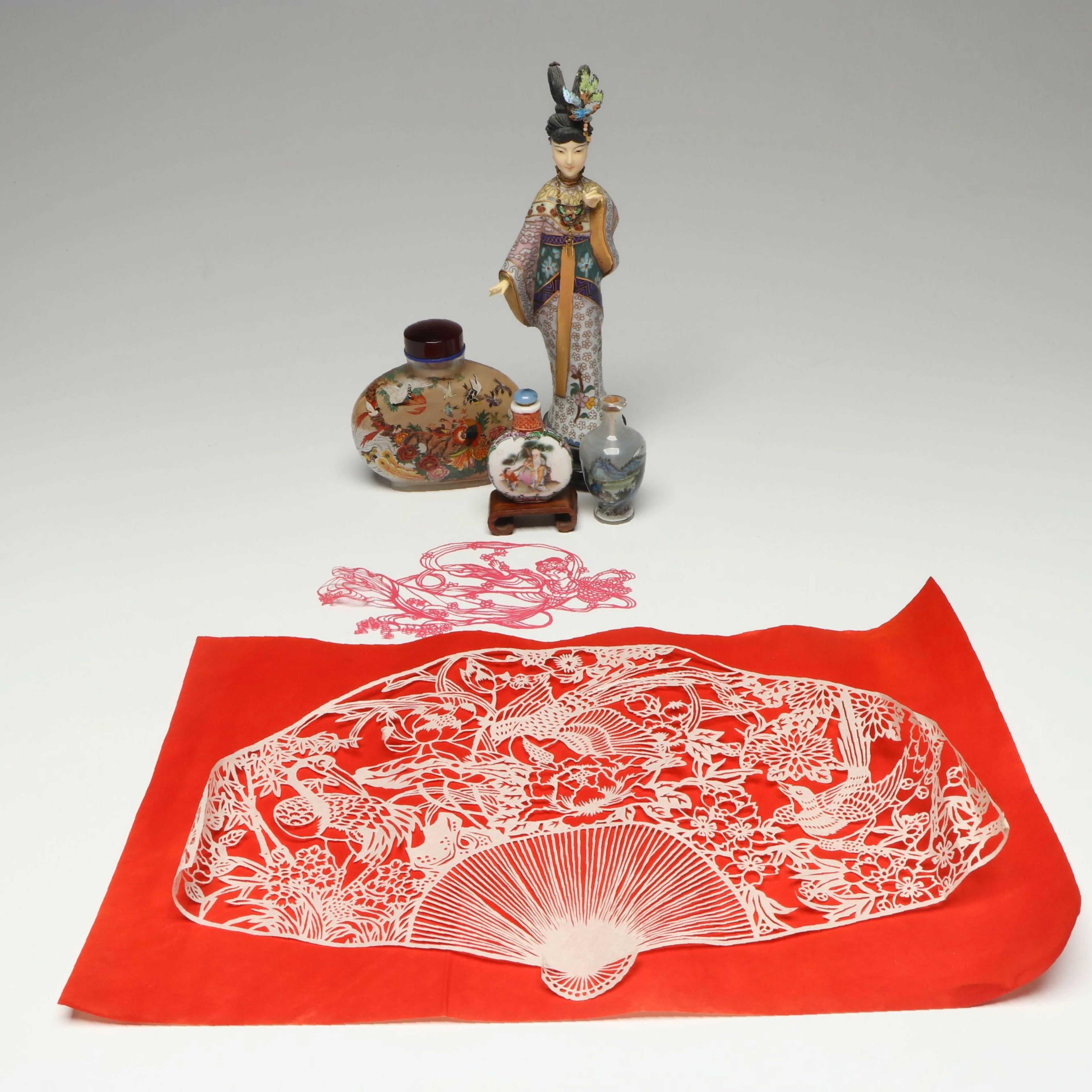 Chinese Cloisonné and Resin Figurine with Snuff Bottles and Other Decor