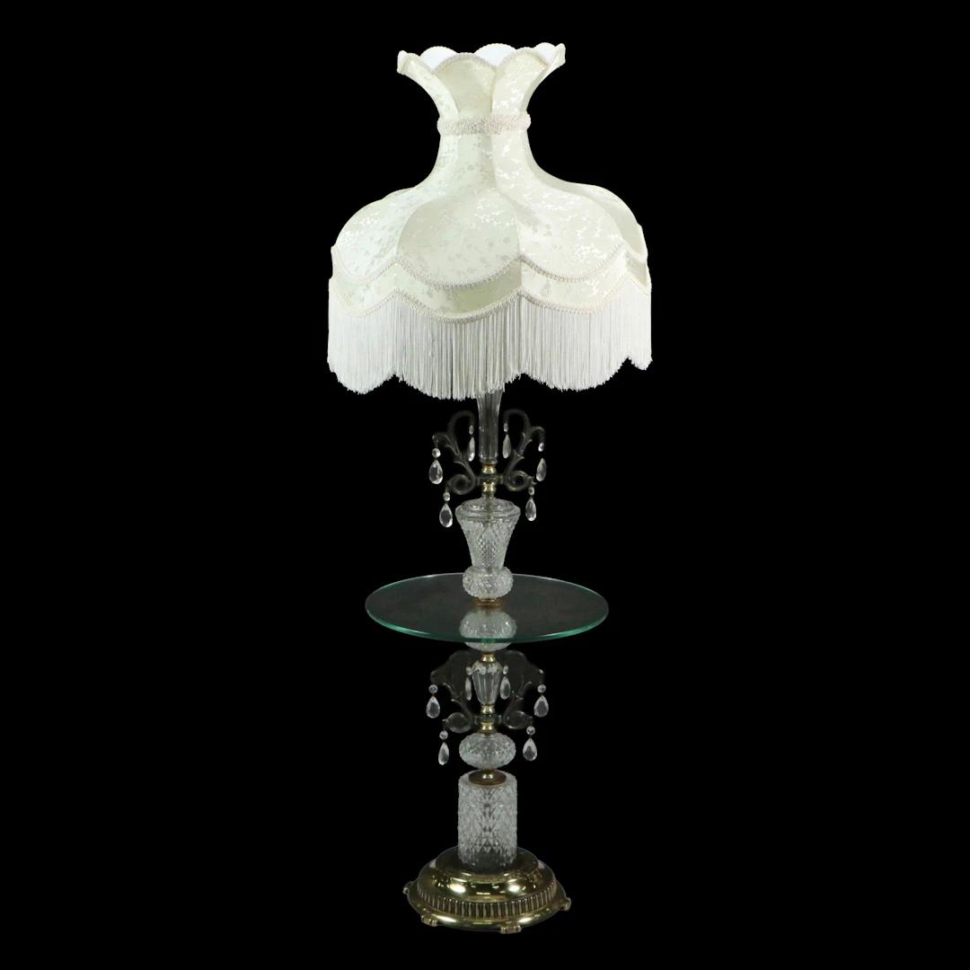 Victorian Style Glass Floor Lamp Table with Fringed Scallop Shade
