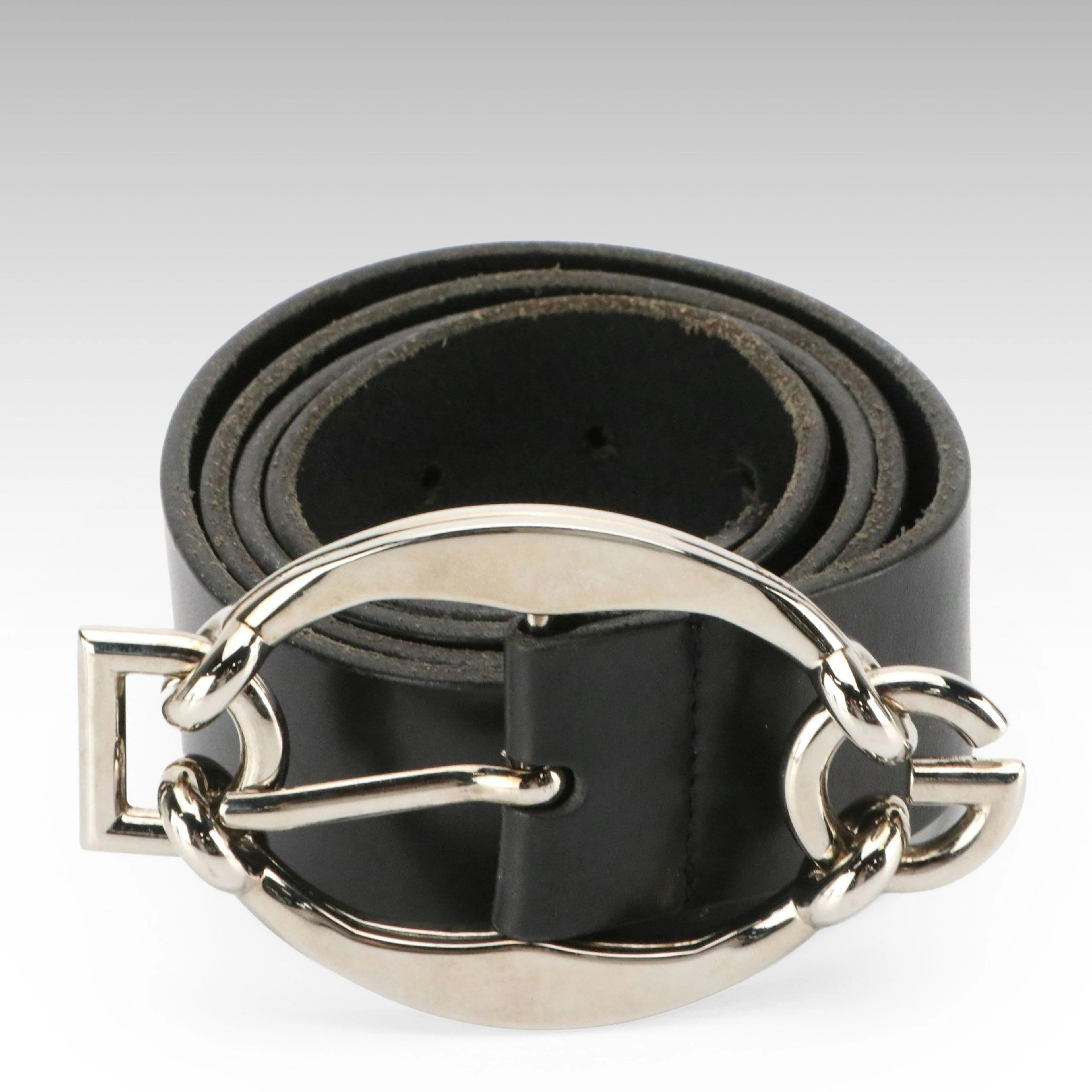 Dolce & Gabbana Black Leather Belt with D&G Logo Oval Buckle