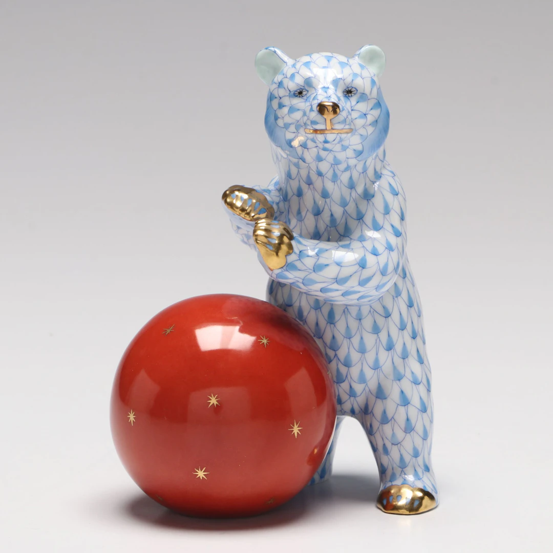 Herend Blue Fishnet with Gold “Bear with Ball” Porcelain Figurine