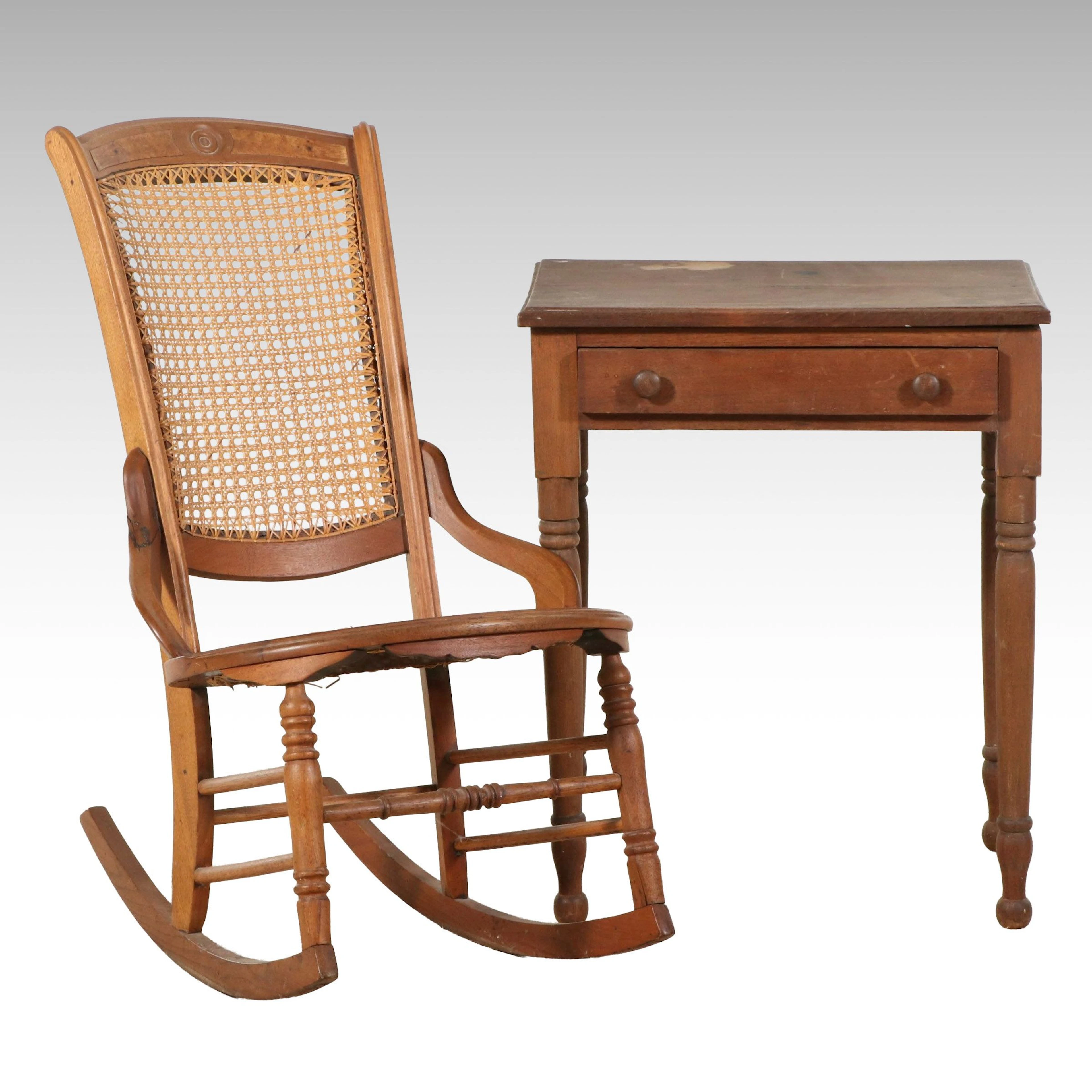 Antique Victorian Caned Rocking Chair with Side Table