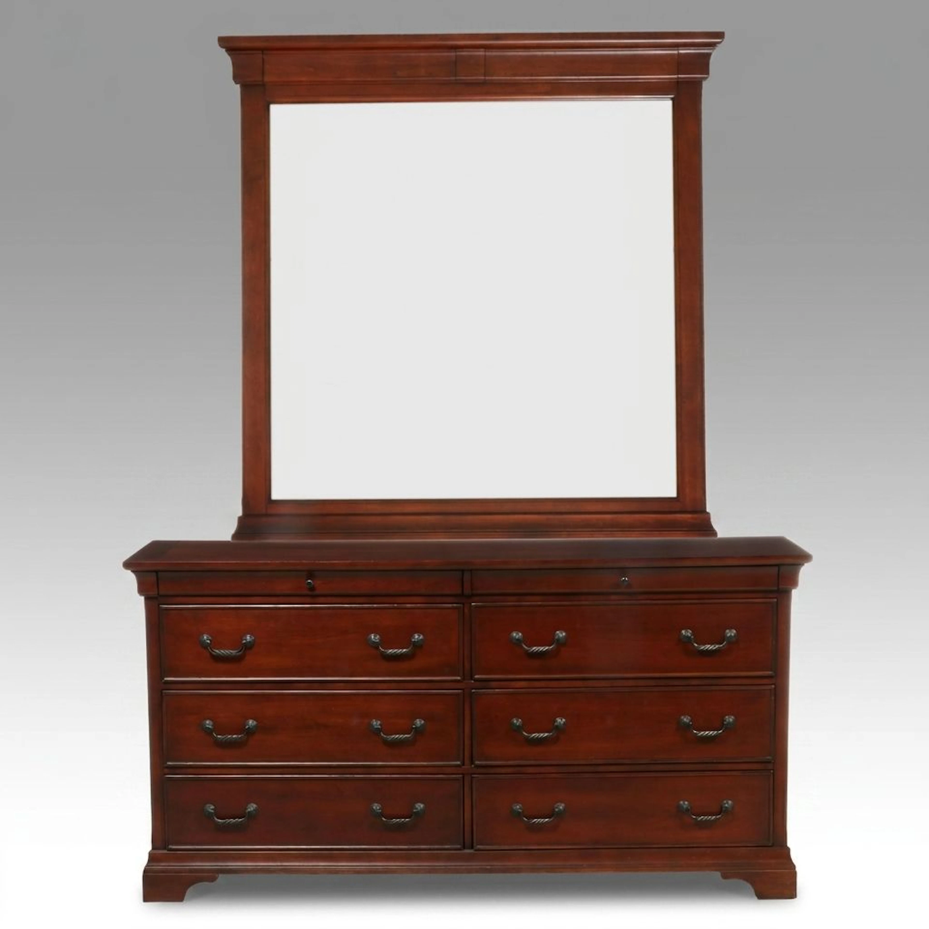 Traditional Style Cherry Finished Double Dresser with Mirror, 21st Century