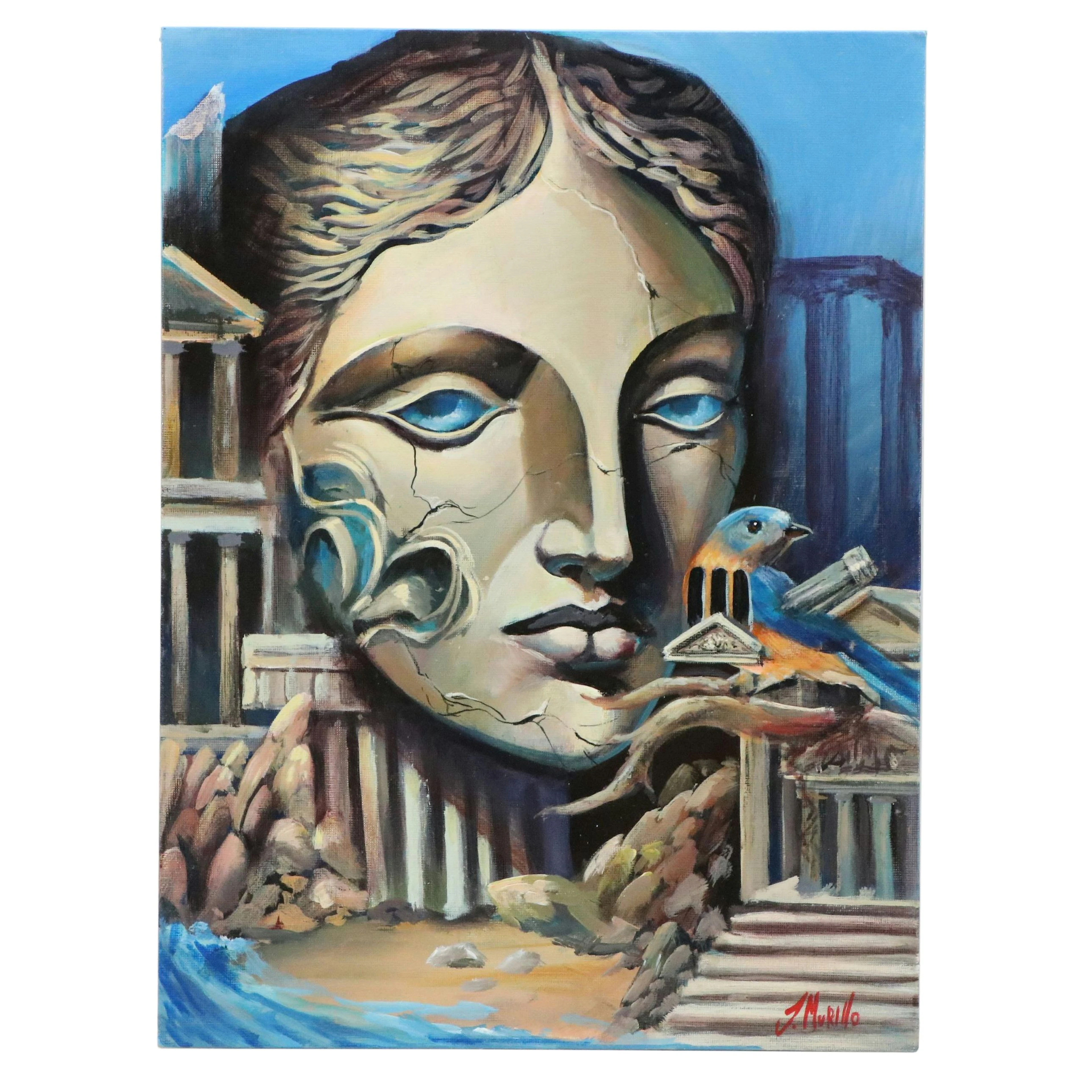 Jeshua Murillo Surrealist Acrylic Painting of Woman, Bird, and Ruins, 21st C.