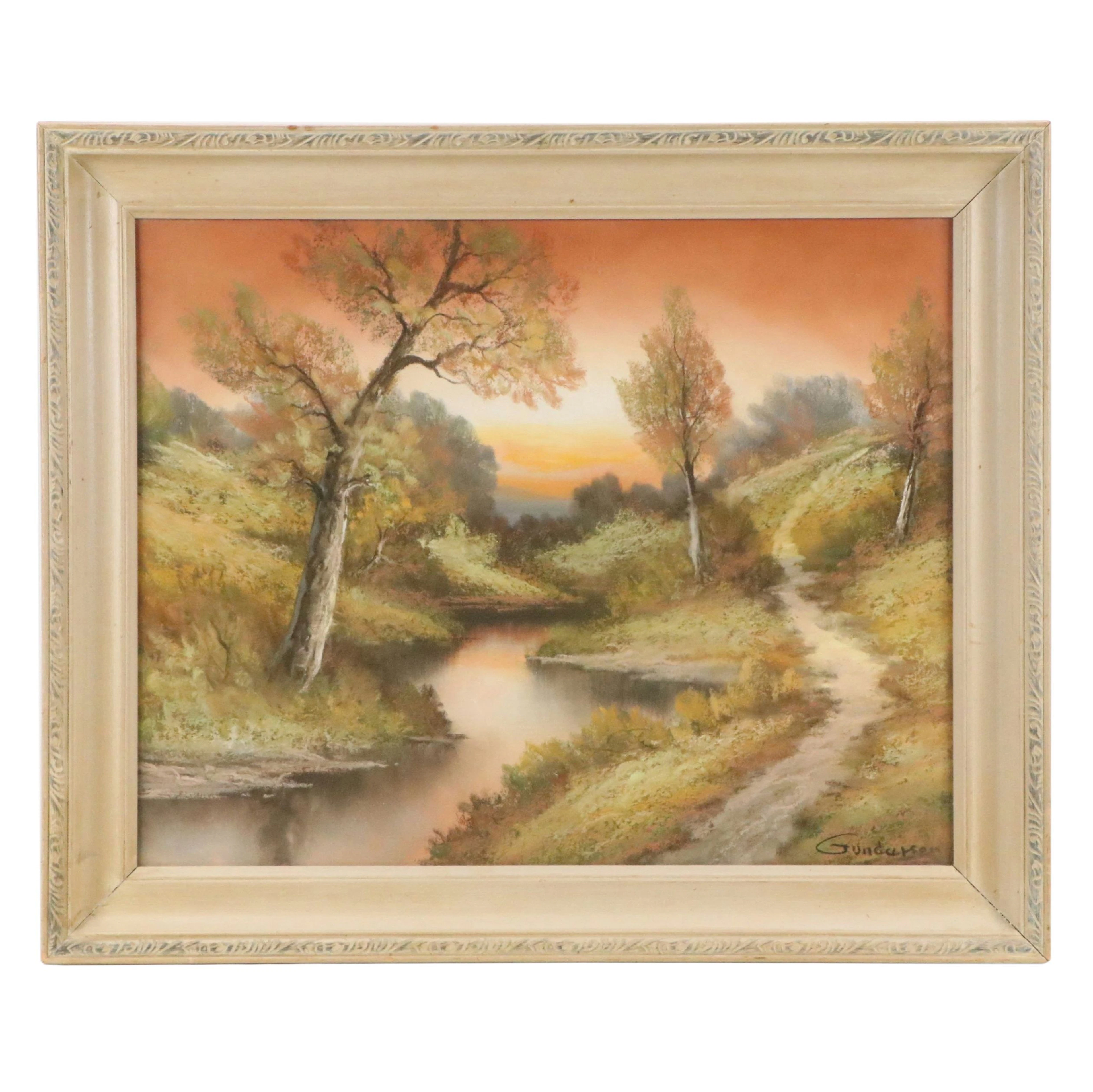 Andrew Gunderson Pastel Drawing of Tranquil Creek Landscape, Early 20th Century