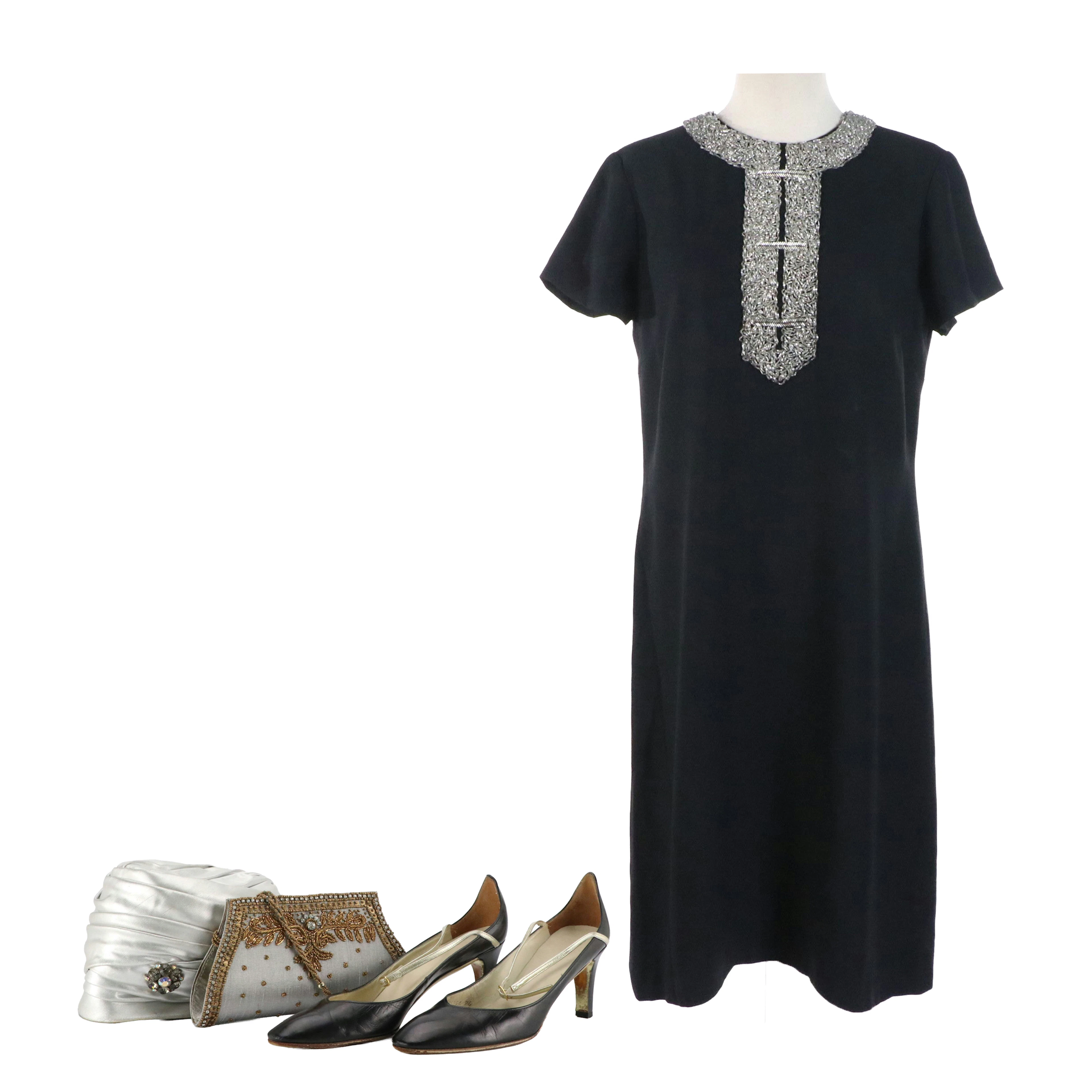 Andora Beaded Accent Shift Dress, Pogue's Silver Pillbox Hat, Leather