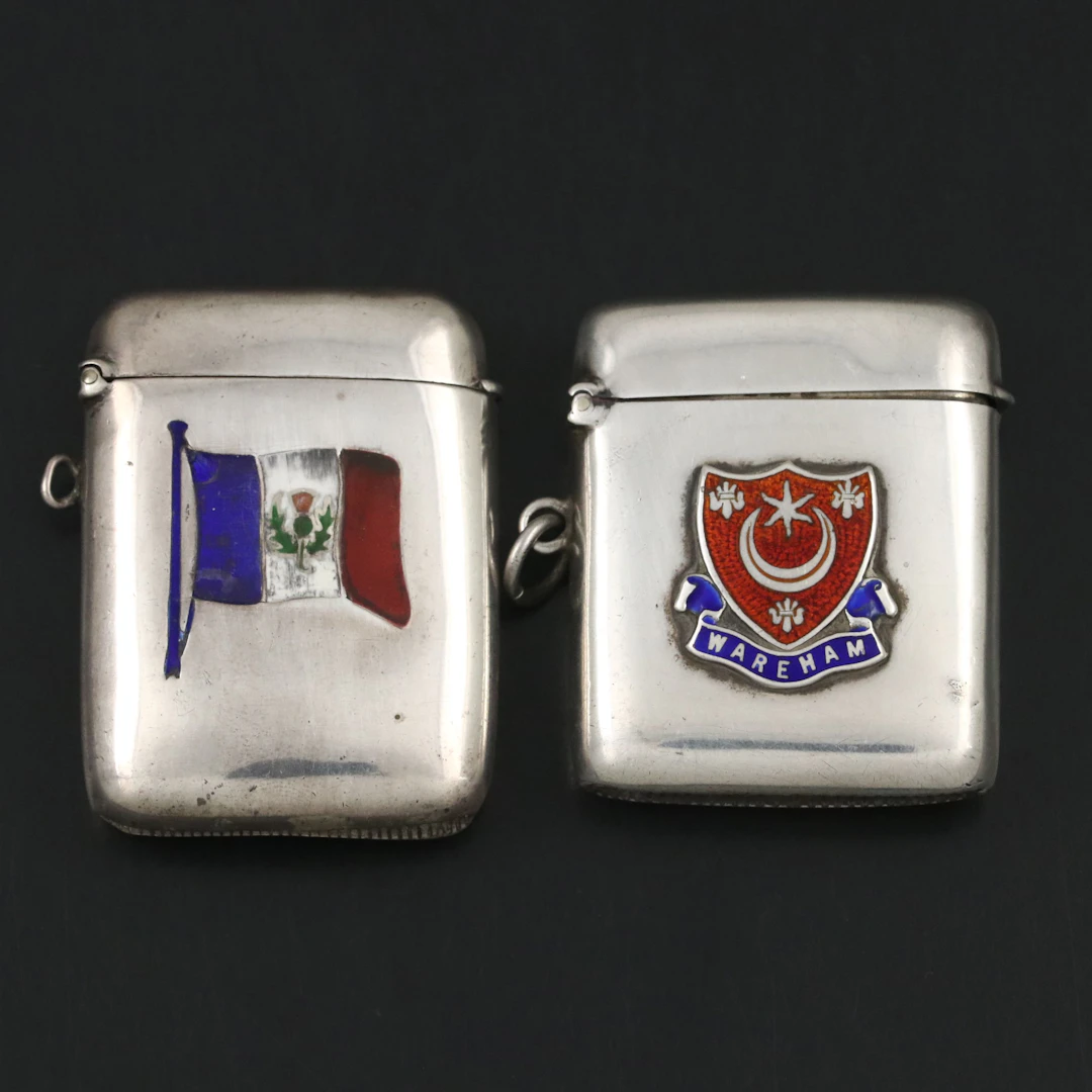 English French Flag and Shield Enameled Sterling Silver Match Safes, Vintage