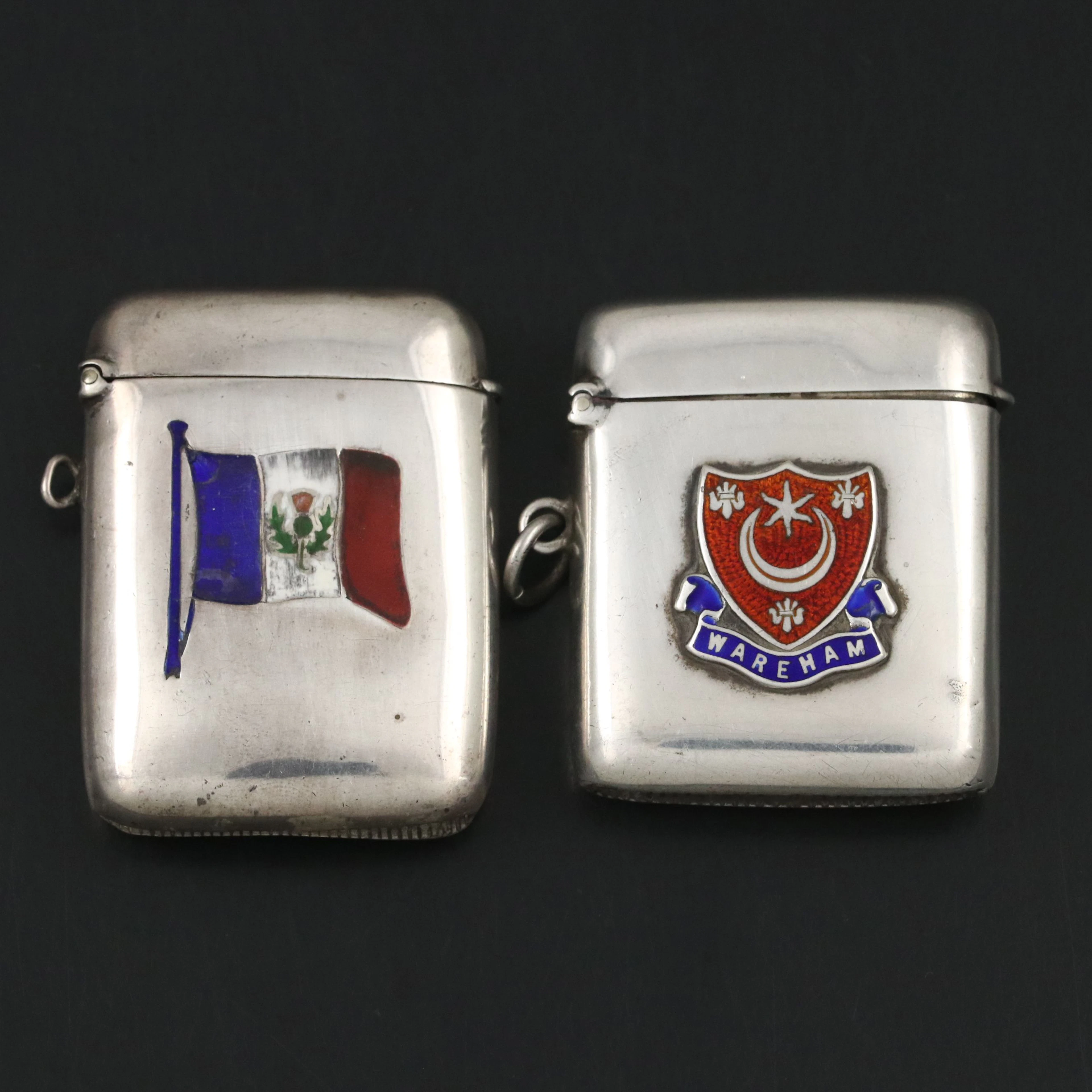 English French Flag and Shield Enameled Sterling Silver Match Safes, Vintage