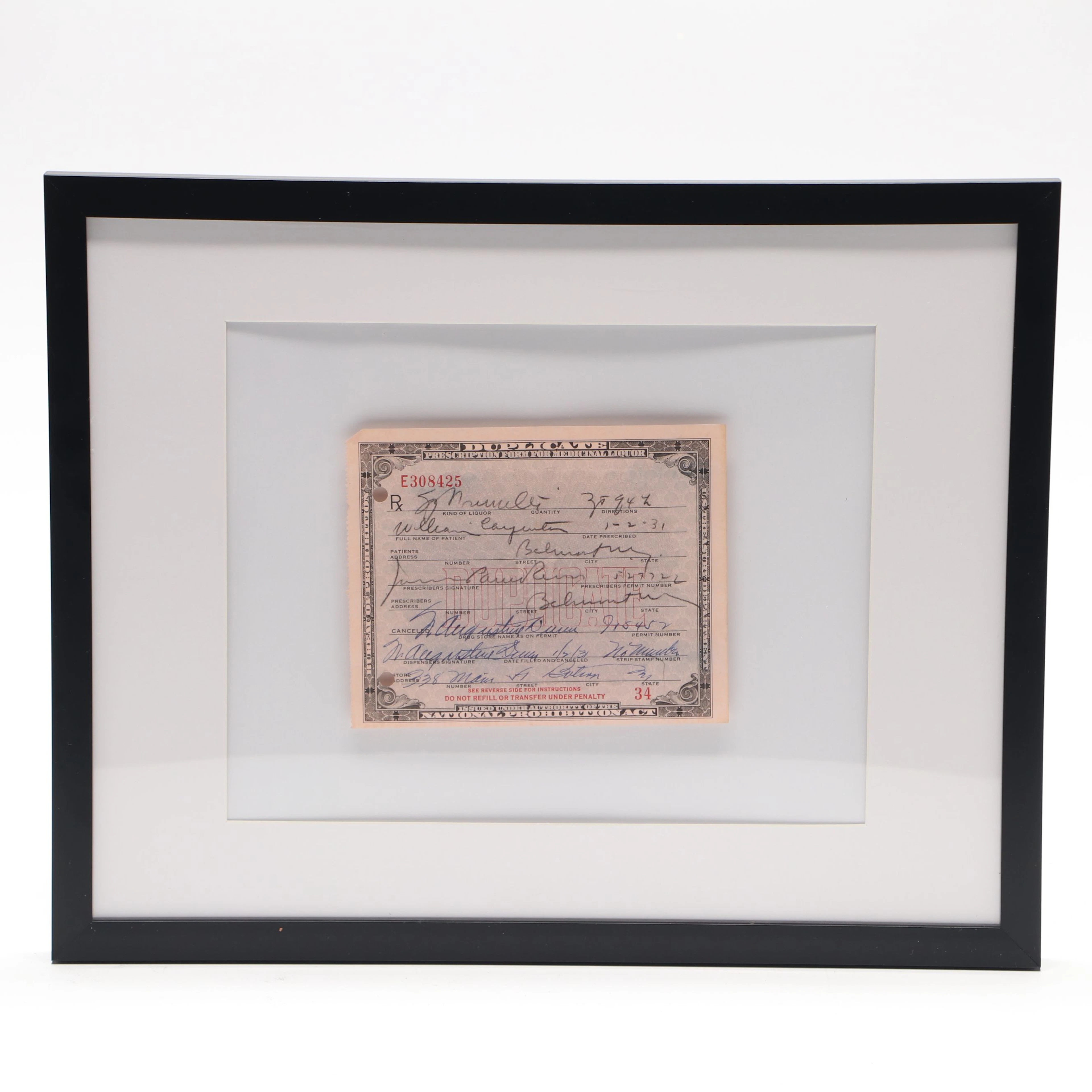 Prohibition Era Prescription Form for Whiskey, 1931