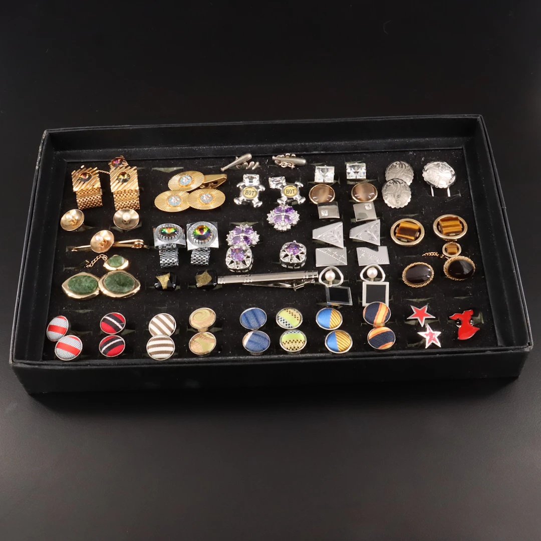 Vintage Cufflink, Tie Bar and Pin Collection Featuring Tiger's Eye and Pearl