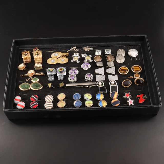 Vintage Cufflink, Tie Bar and Pin Collection Featuring Tiger's Eye and Pearl