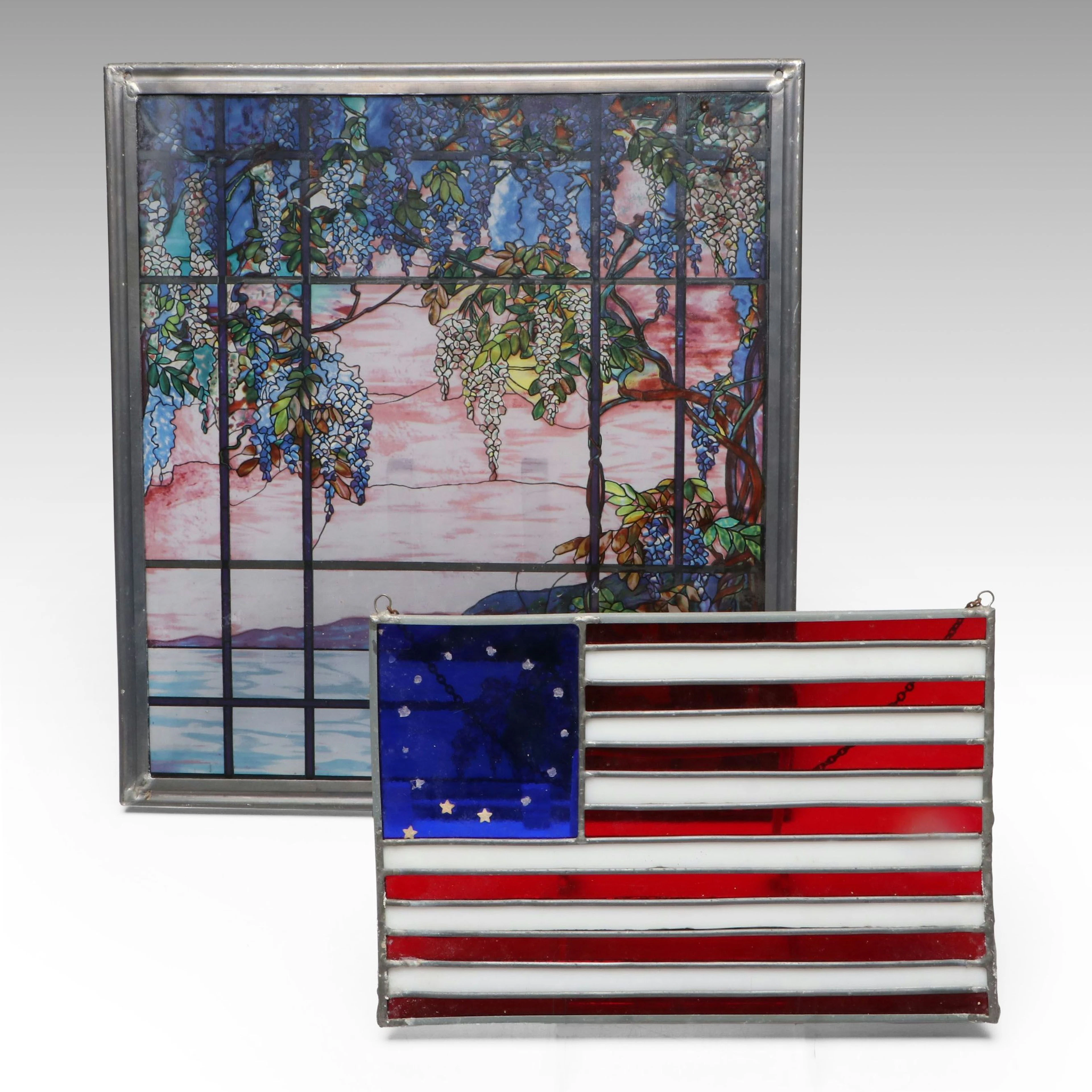 After Louis Comfort Tiffany "View of Oyster Bay" and Other U.S. Flag Suncatcher