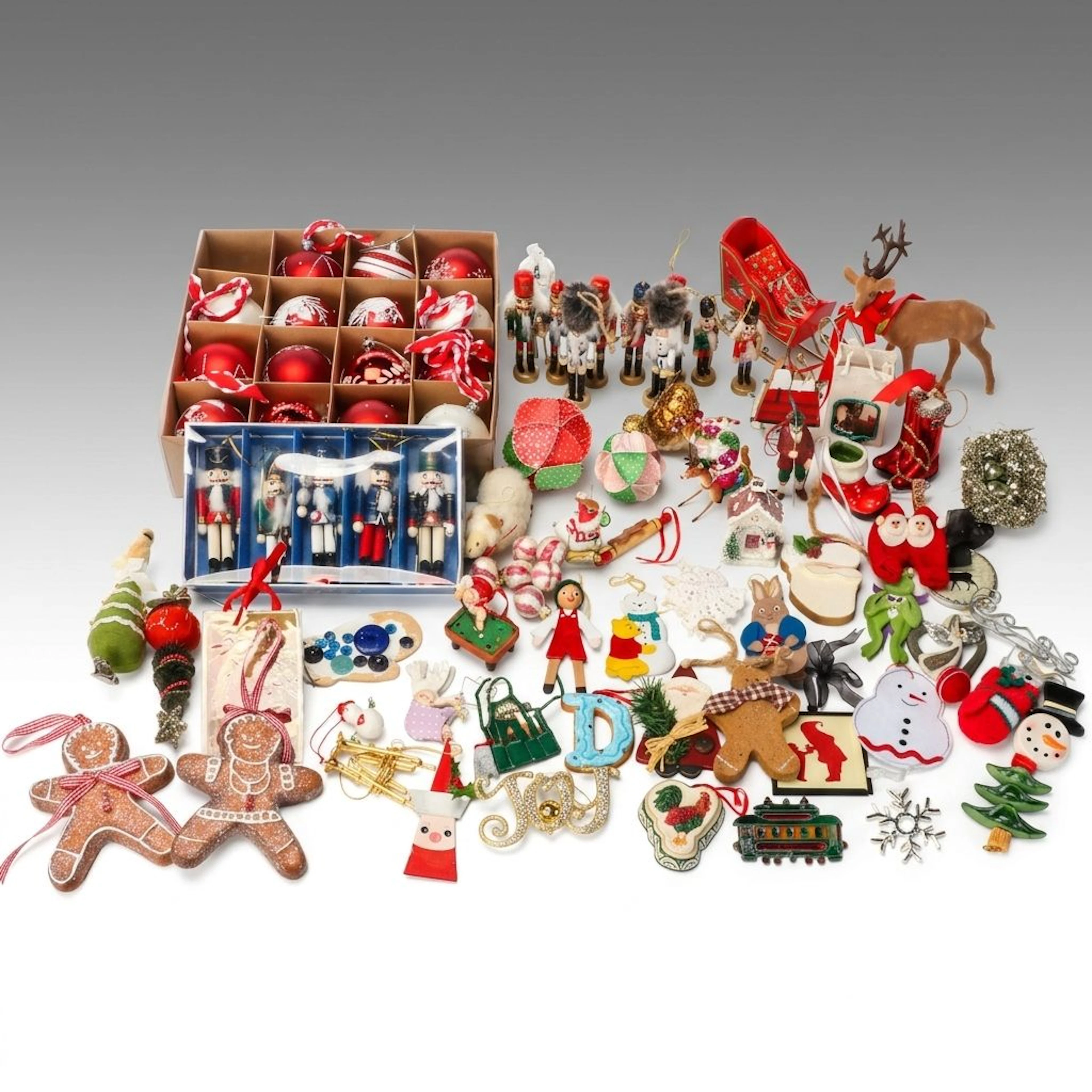 Polychrome Wooden Nutcracker and Other Christmas Ornaments