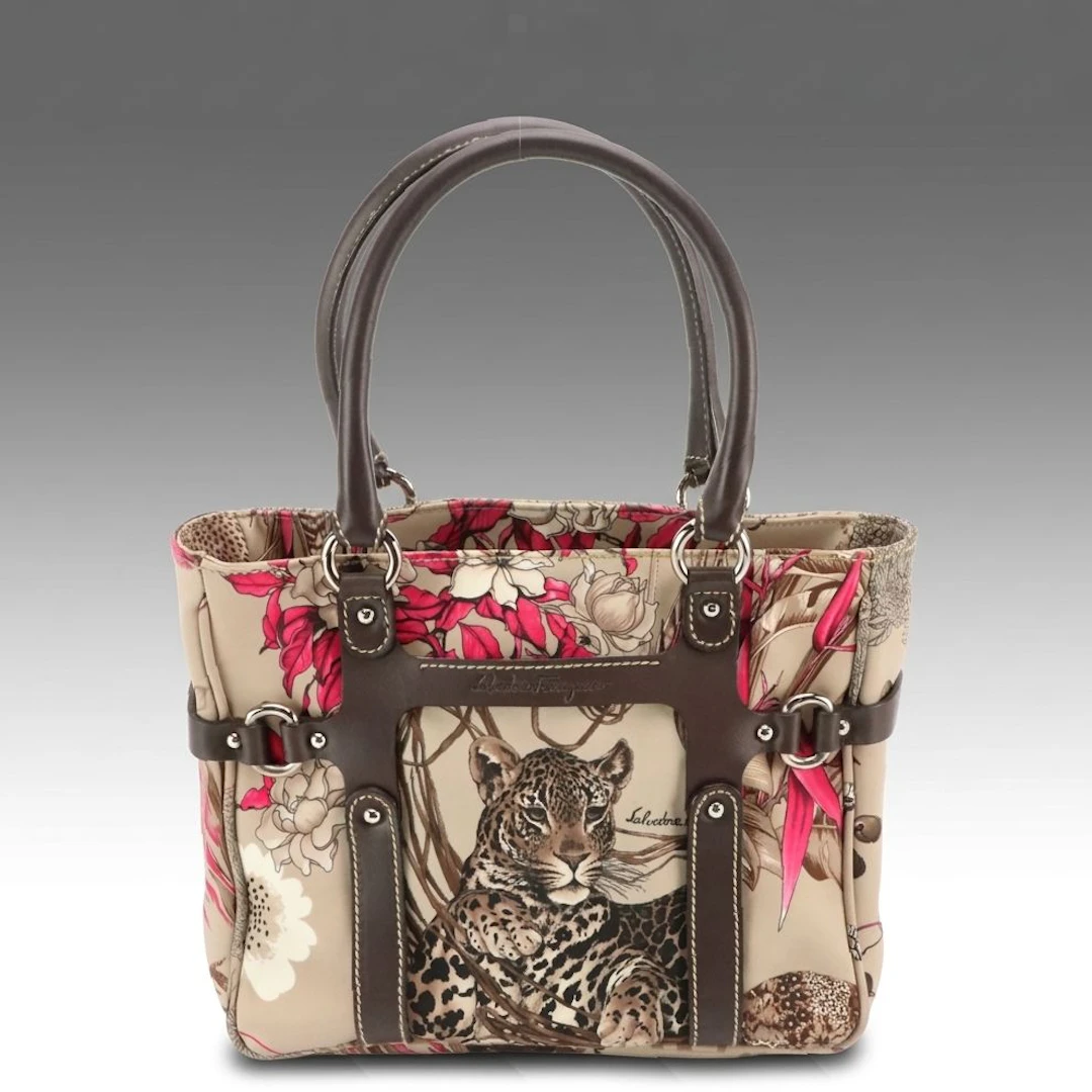Salvatore Ferragamo Tote Bag in Leopard and Jungle Print Nylon and Leather