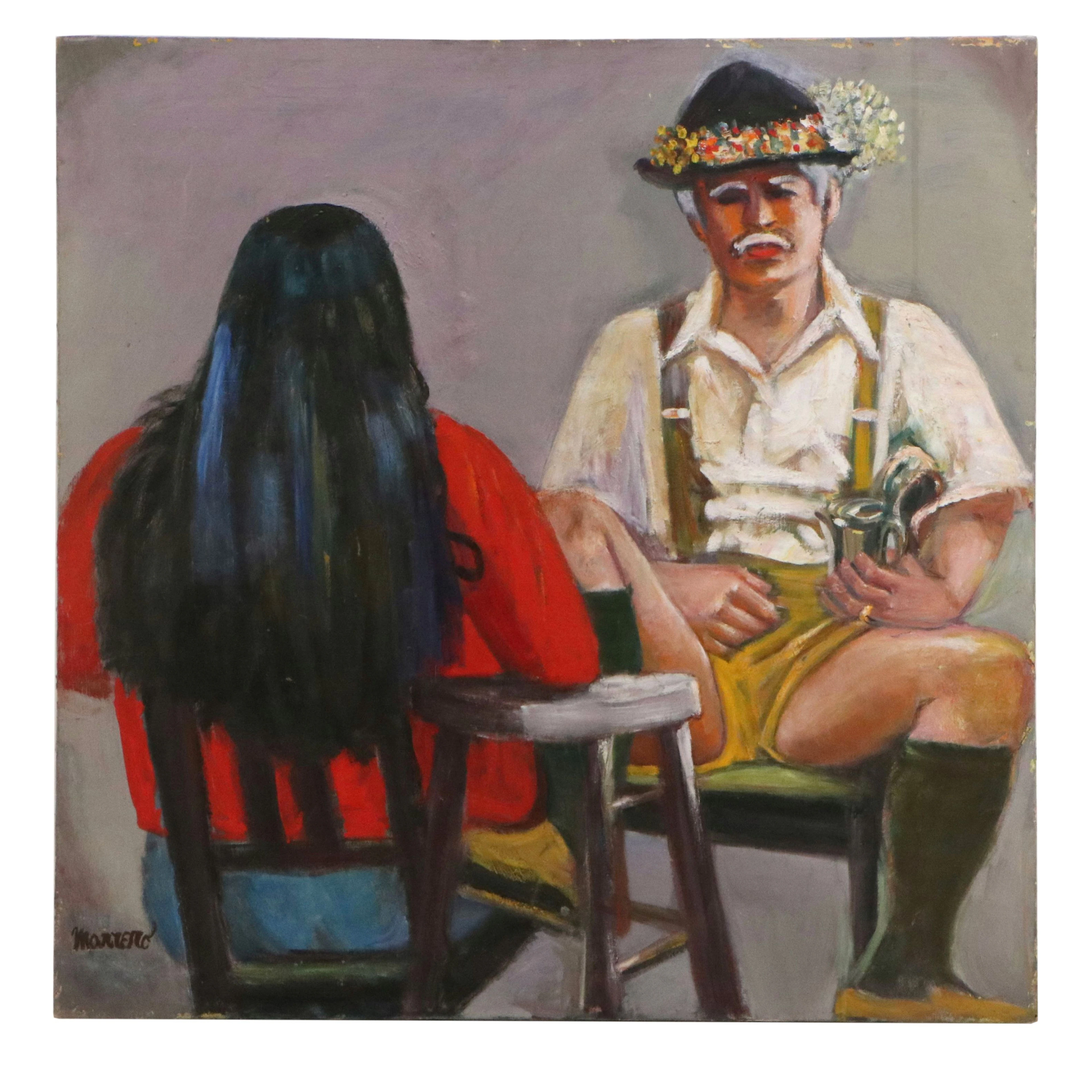 Edith Susarret Marrero Oil Painting of Man in Bavarian Clothes, 20th Century