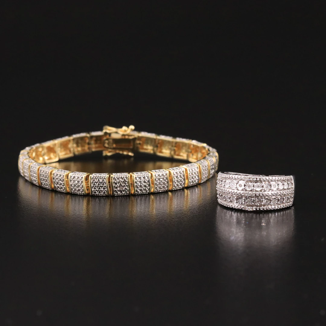 Link Bracelet and Sterling Ring with Diamond Accents