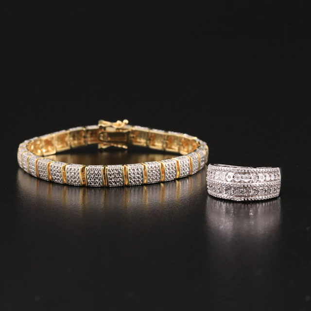 Link Bracelet and Sterling Ring with Diamond Accents