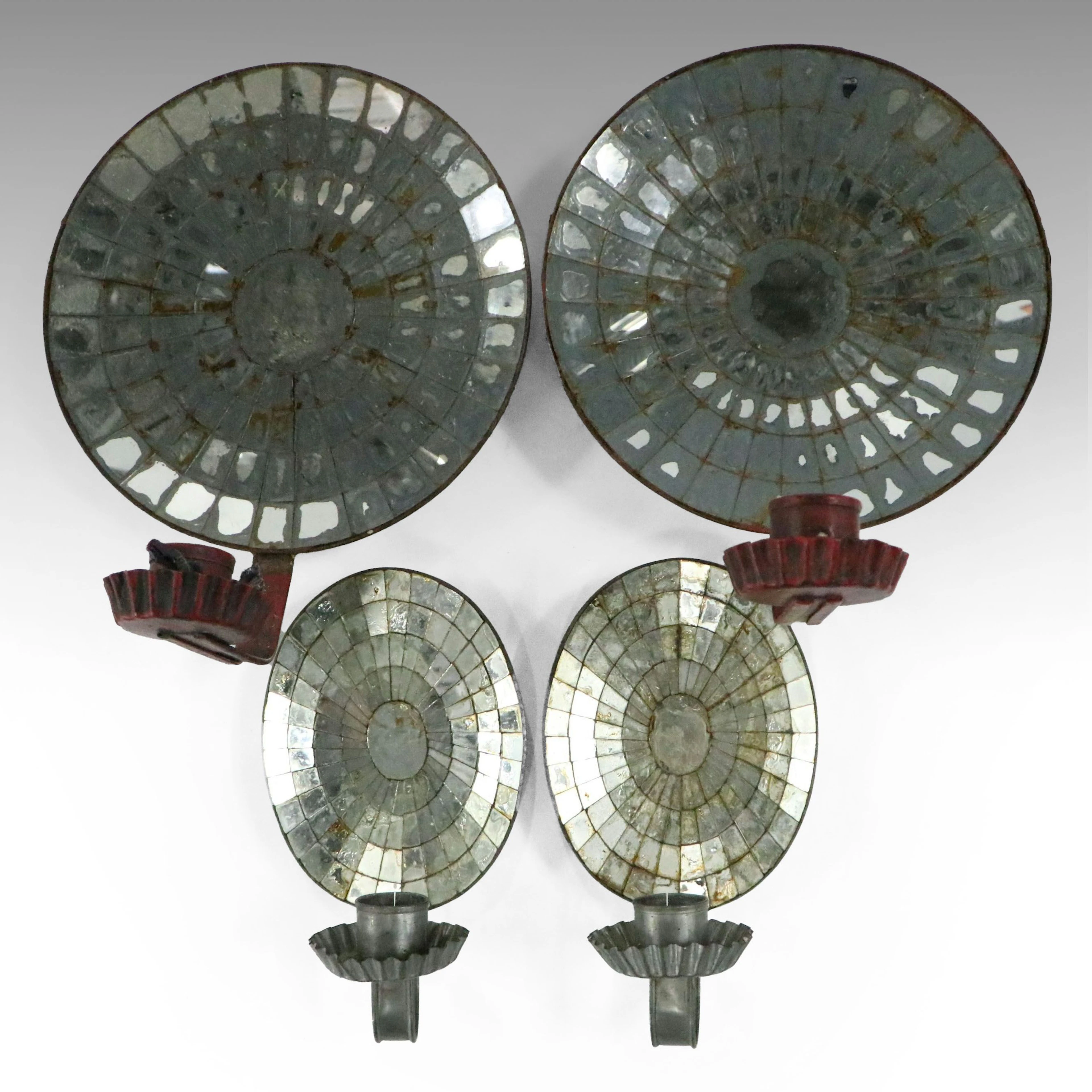 Early American Style Glass and Tin Candle Sconces with Mirrored Reflectors