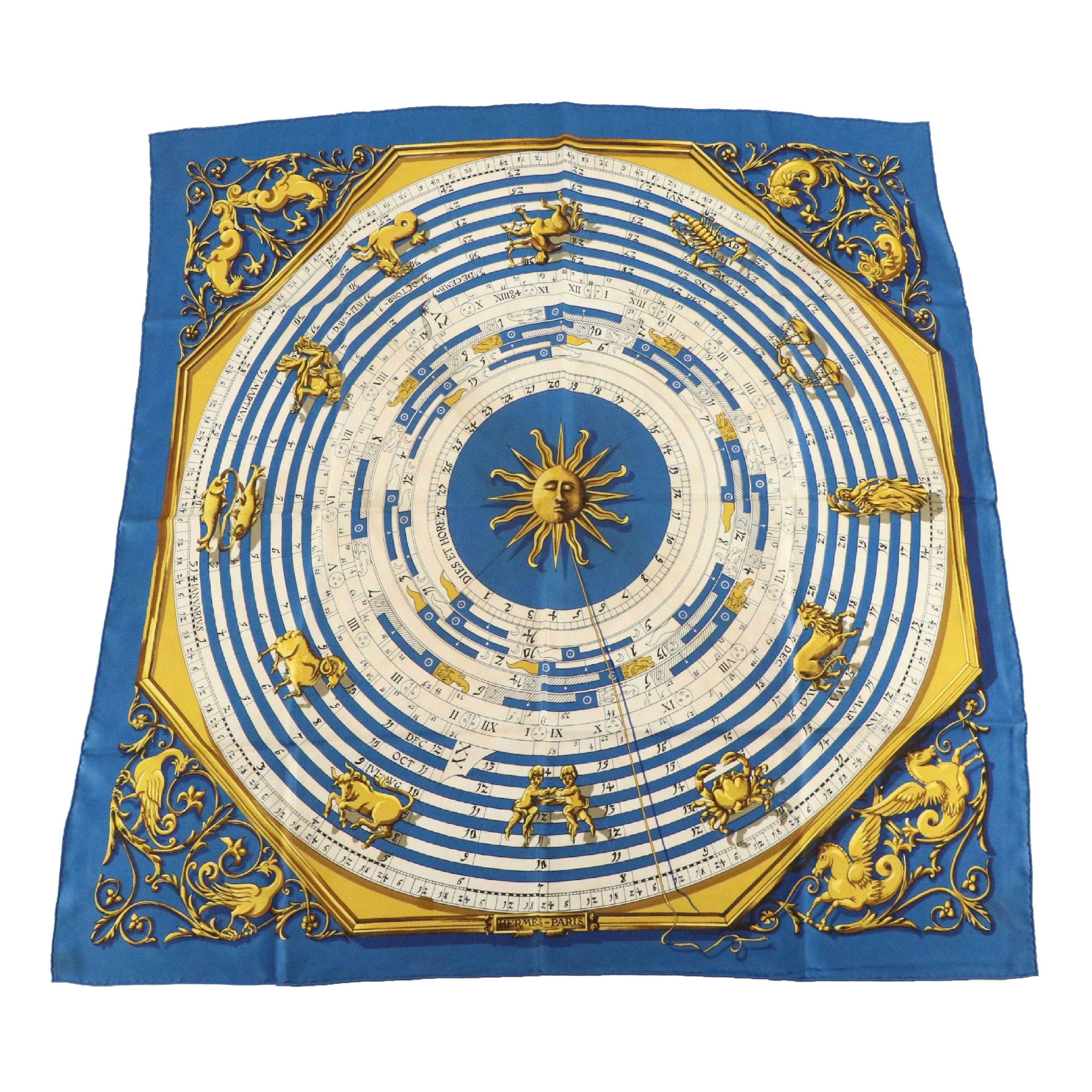 Hermès "Dies Et Hore" Scarf 90 in Silk Twill with Box