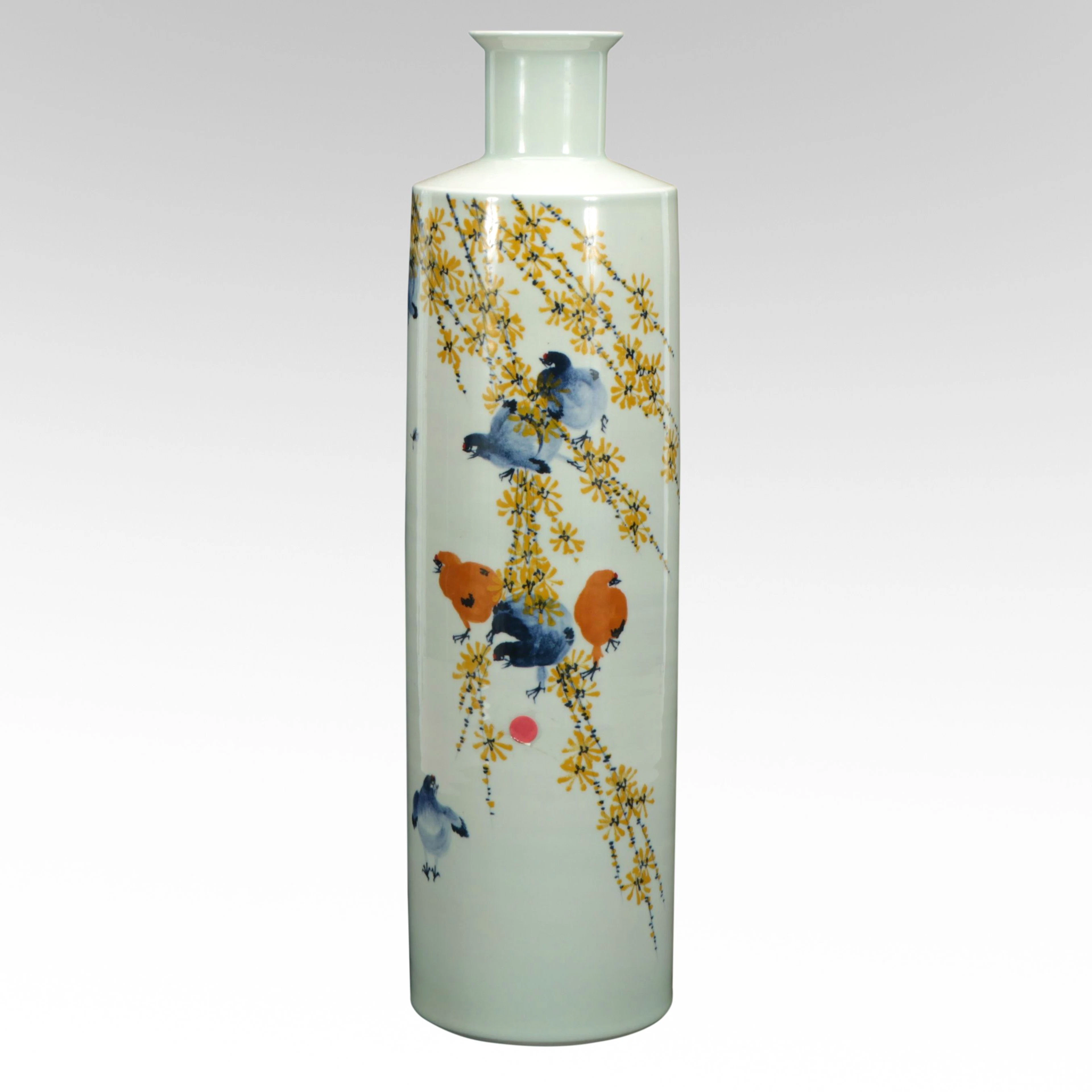 Chinese Hand-Painted Porcelain Sleeve Vase with Huaniao Motif