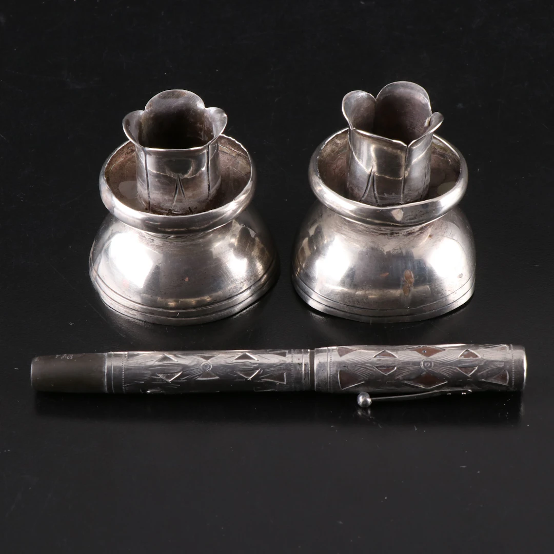 Mexican Flower-Shaped Sterling Silver Candlesticks with Waterman Fountain Pen