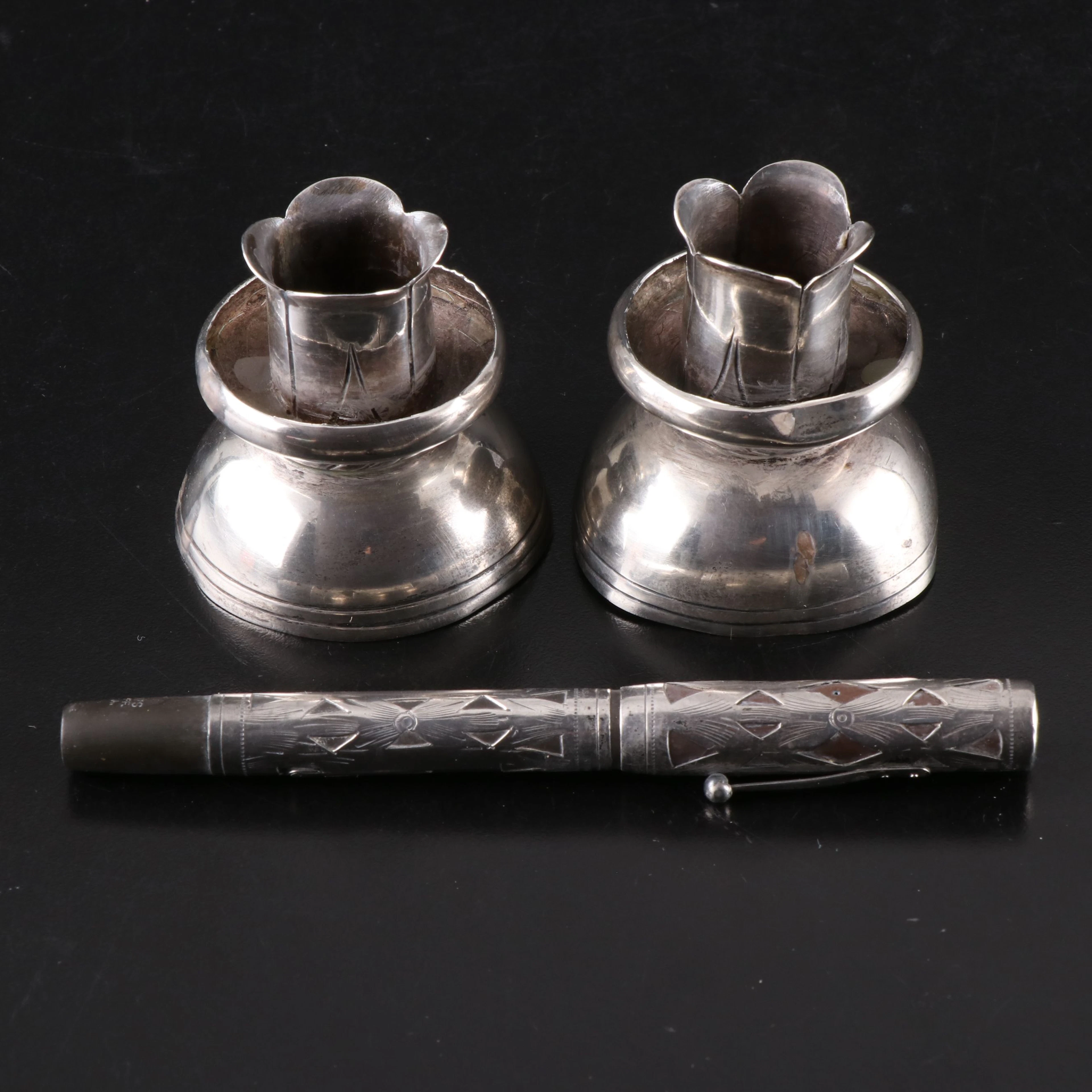 Mexican Flower-Shaped Sterling Silver Candlesticks with Waterman Fountain Pen