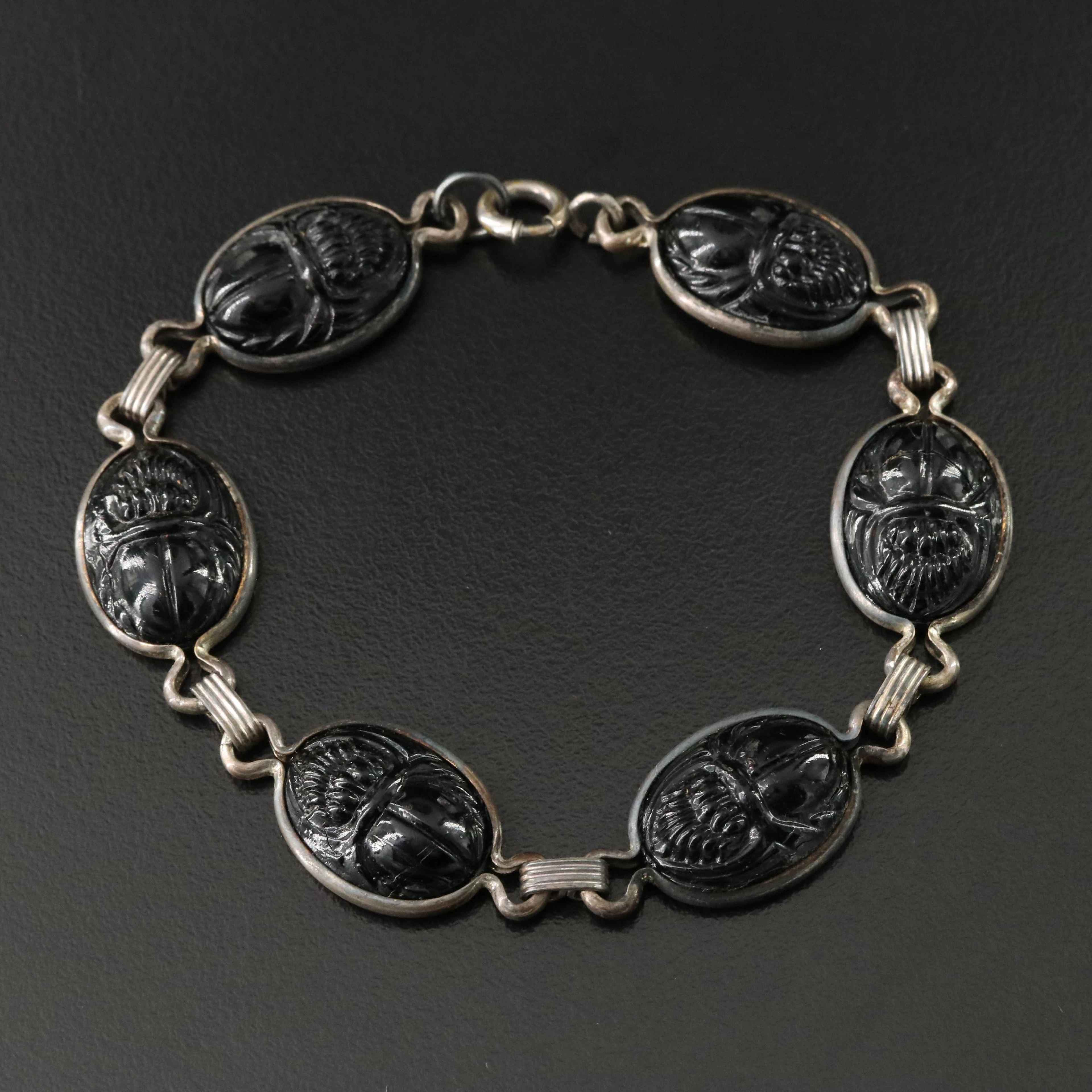 Sterling Obsidian Carved Scarab Bracelet