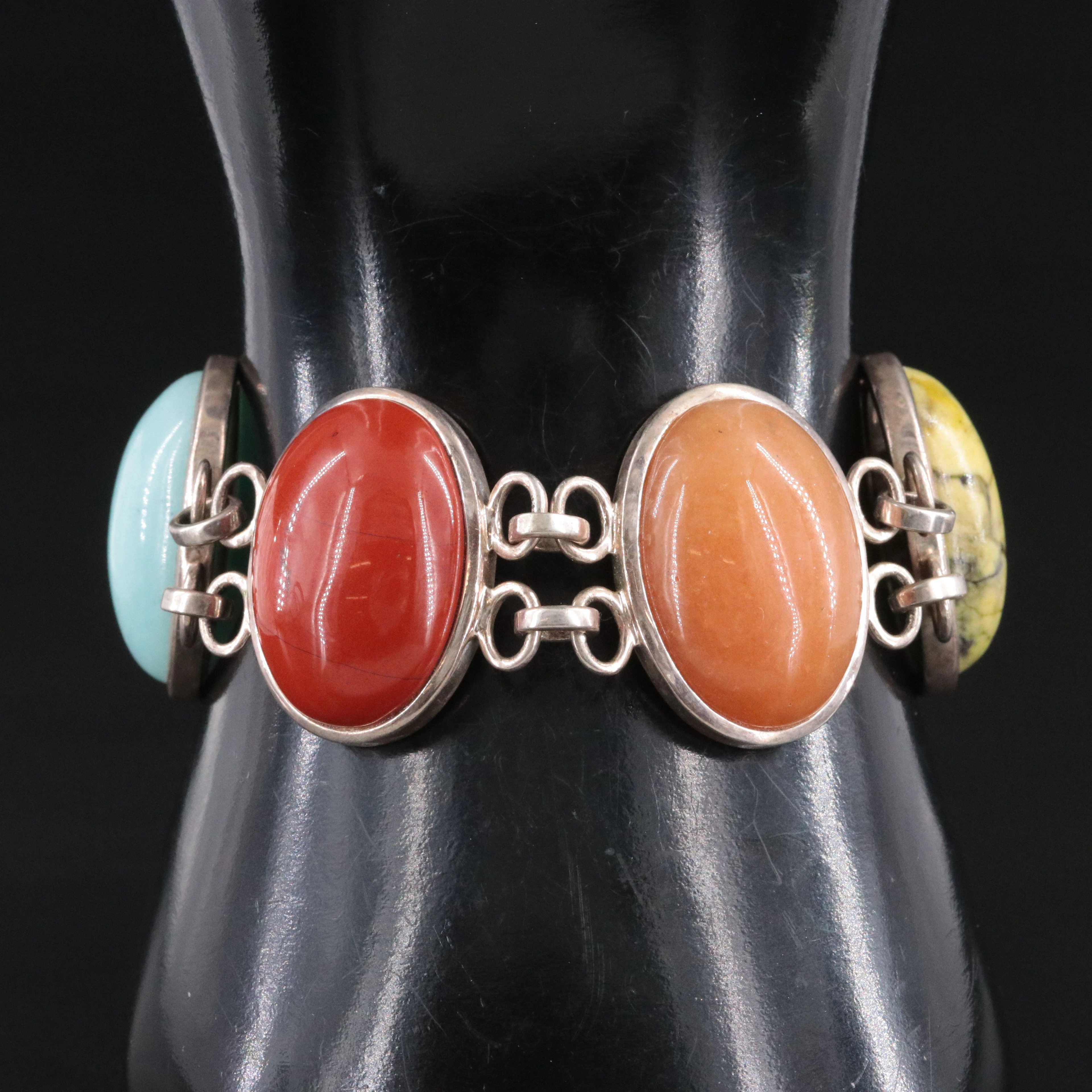Sterling Link Bracelet Featuring Red Jasper, Turquoise and Rhodonite
