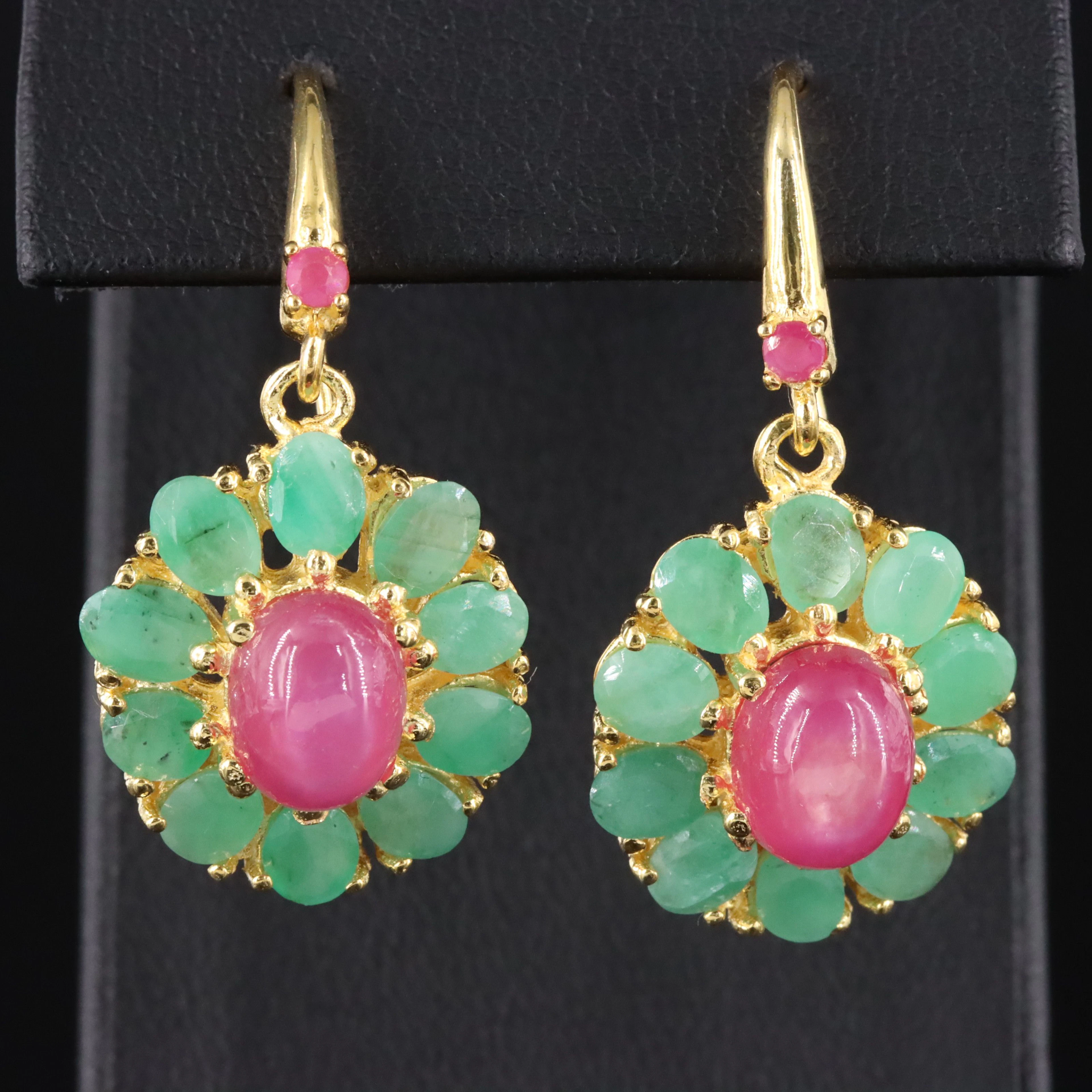 Sterling Emerald & Filled Corundum Flower Earrings