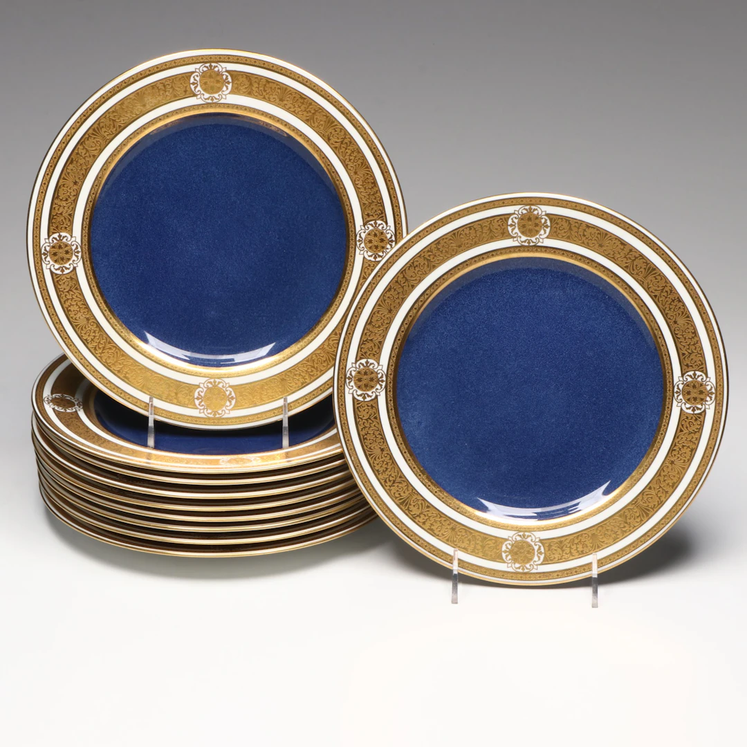 Vintage Spode Gilt & Cobalt Porcelain Dinner Plates, Early to Mid-20th Century
