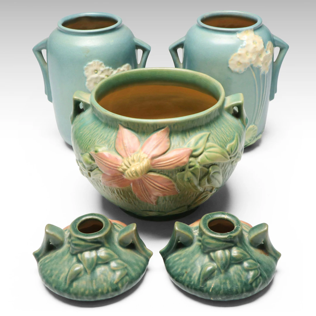 Roseville "Clematis" Jardinière and Candlesticks with "Primrose" Vases