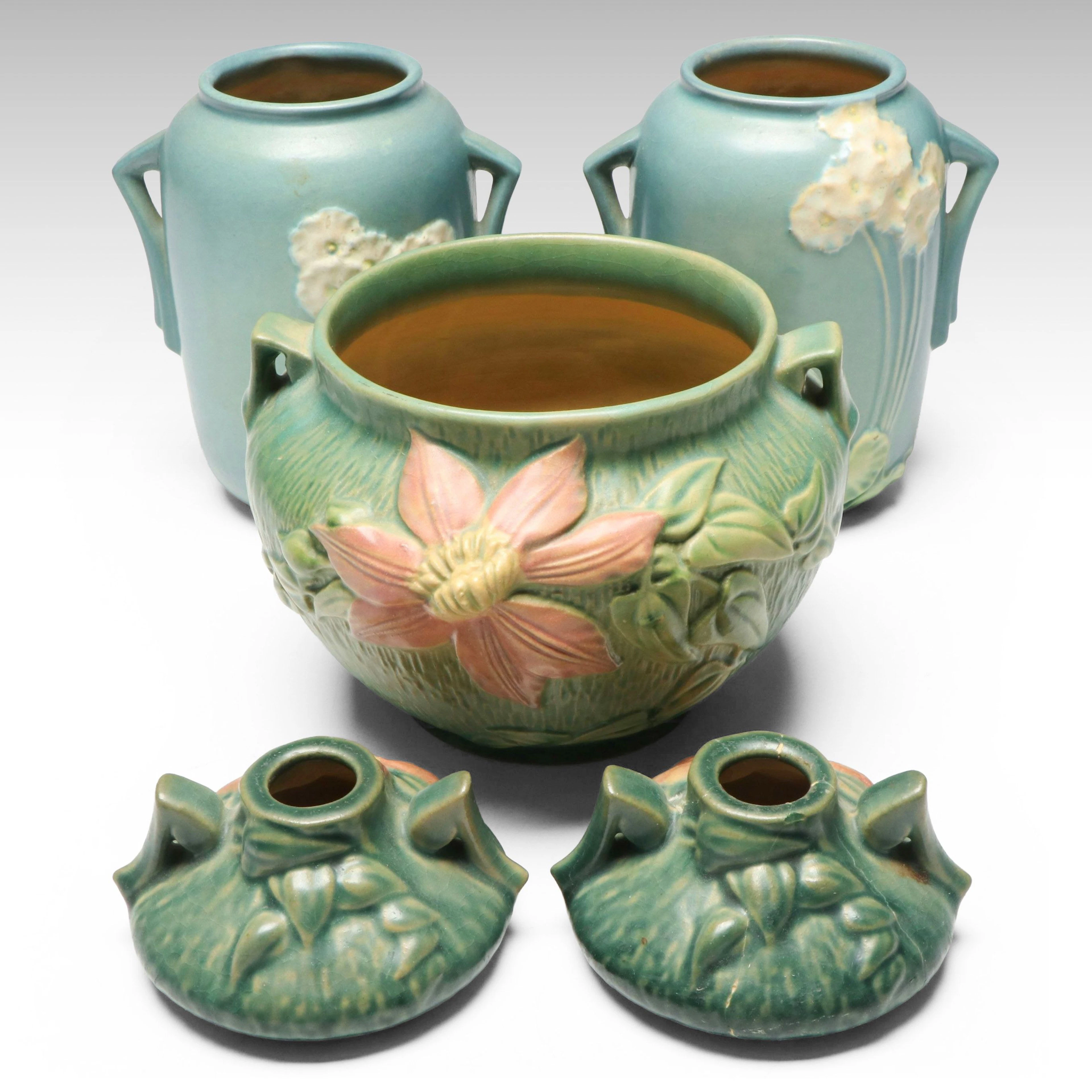 Roseville "Clematis" Jardinière and Candlesticks with "Primrose" Vases