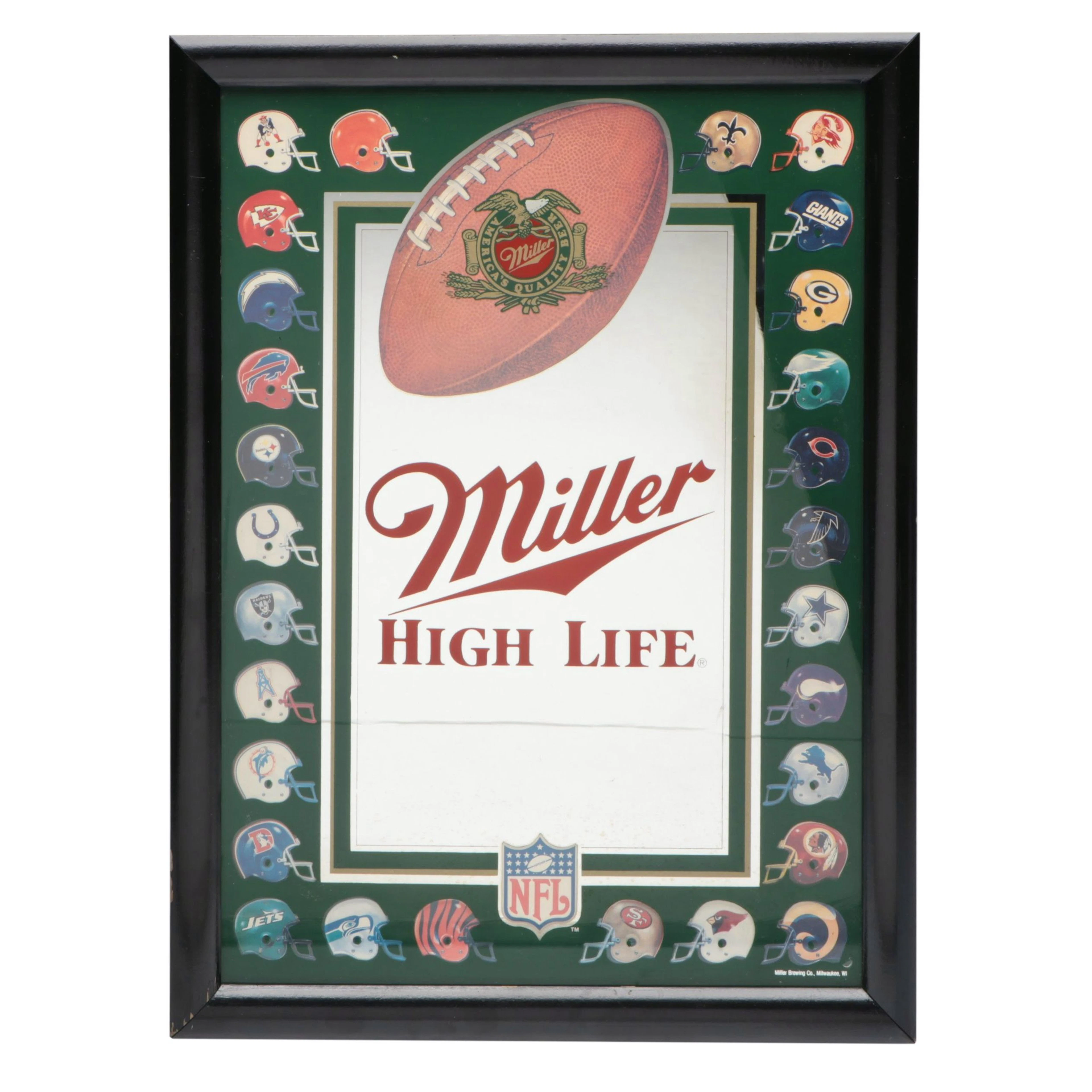 Miller High Life NFL Football Helmets Bar Mirror Sign, 1980s