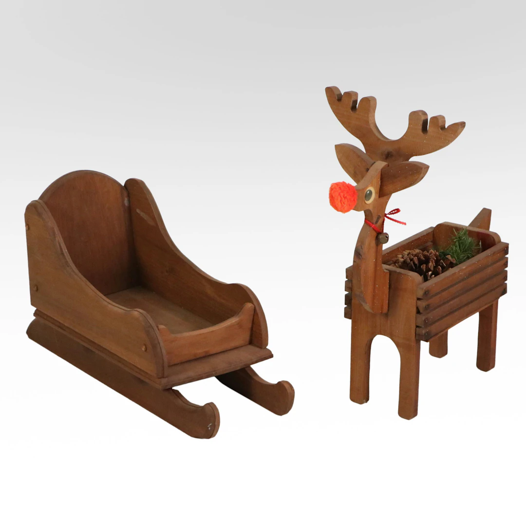 The Hardys Handcrafted Wood Sled Decoration with Reindeer Basket