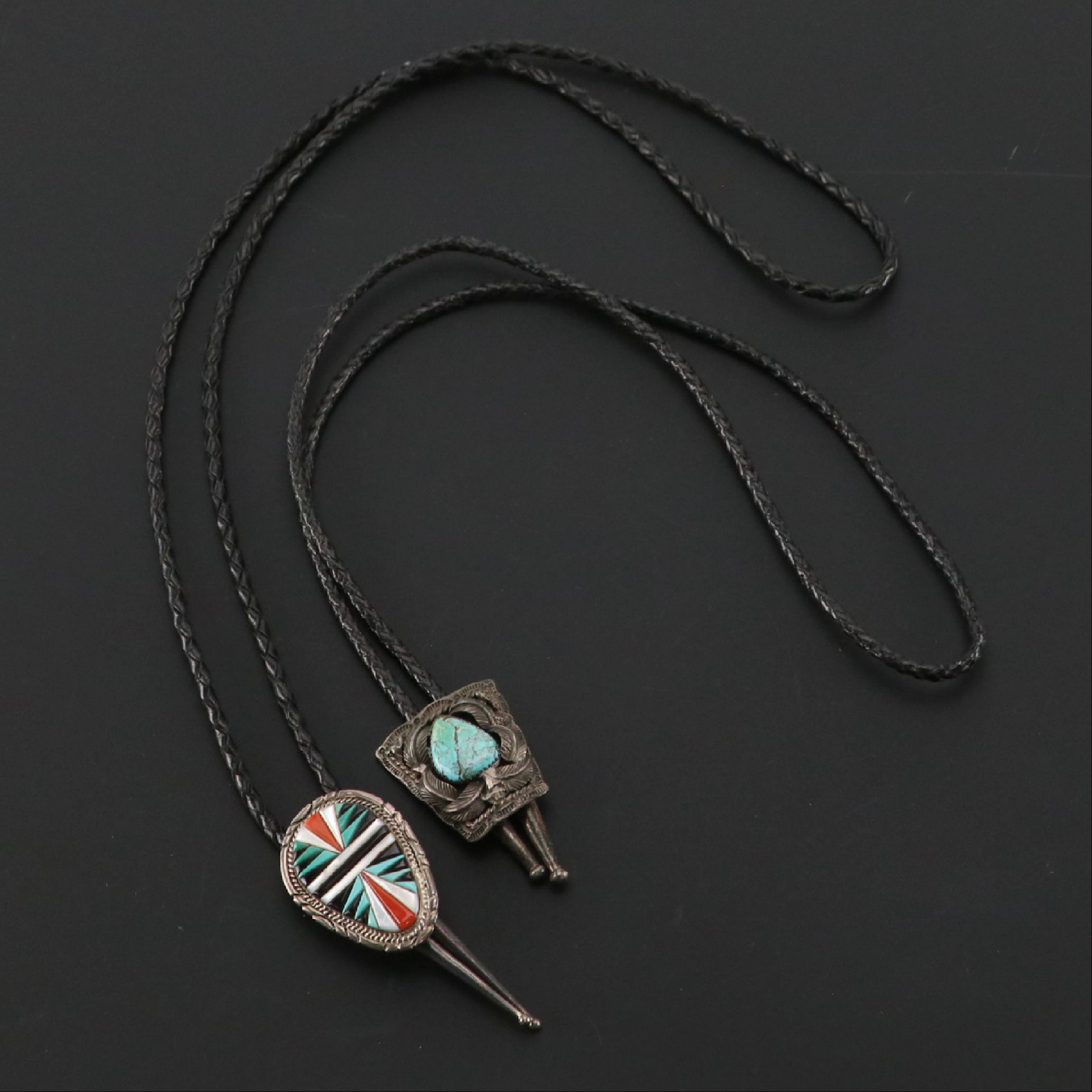 Zuni Leslie & Gladys Lamy MoP, Turquoise, and Coral and Other Sterling Bolo Tie